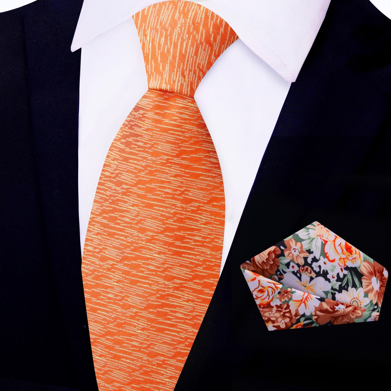 View 2: Orange Necktie with Orange Floral Square