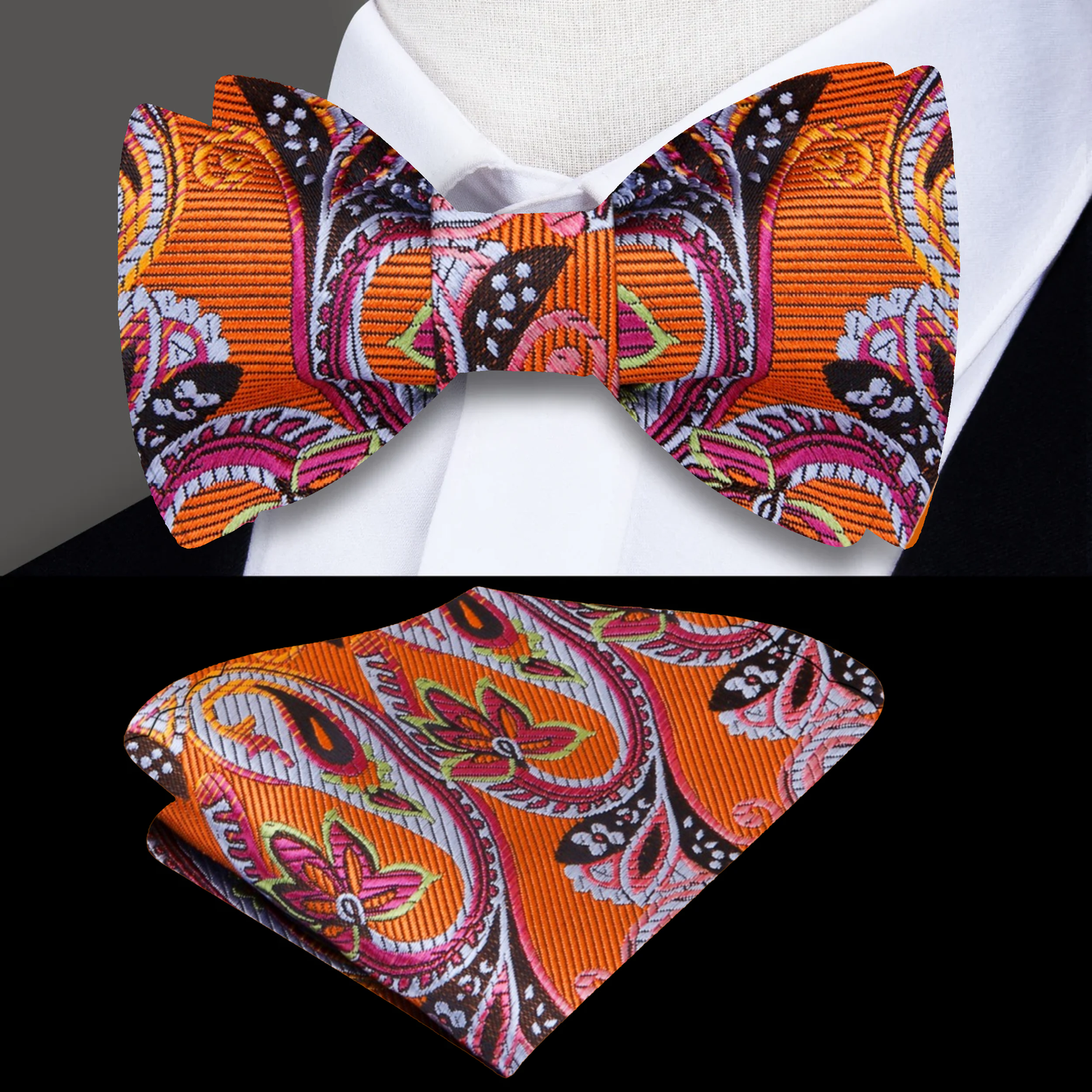 An Orange Intricate Floral with Paisley Pattern Silk Self Tie Bow Tie, Matching Pocket Square