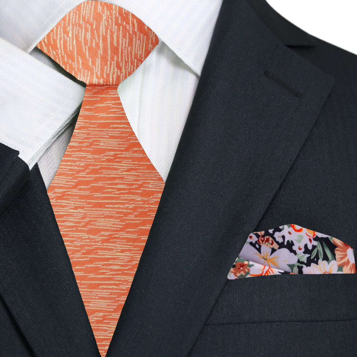 Premium Orange Necktie with Orange Floral Square