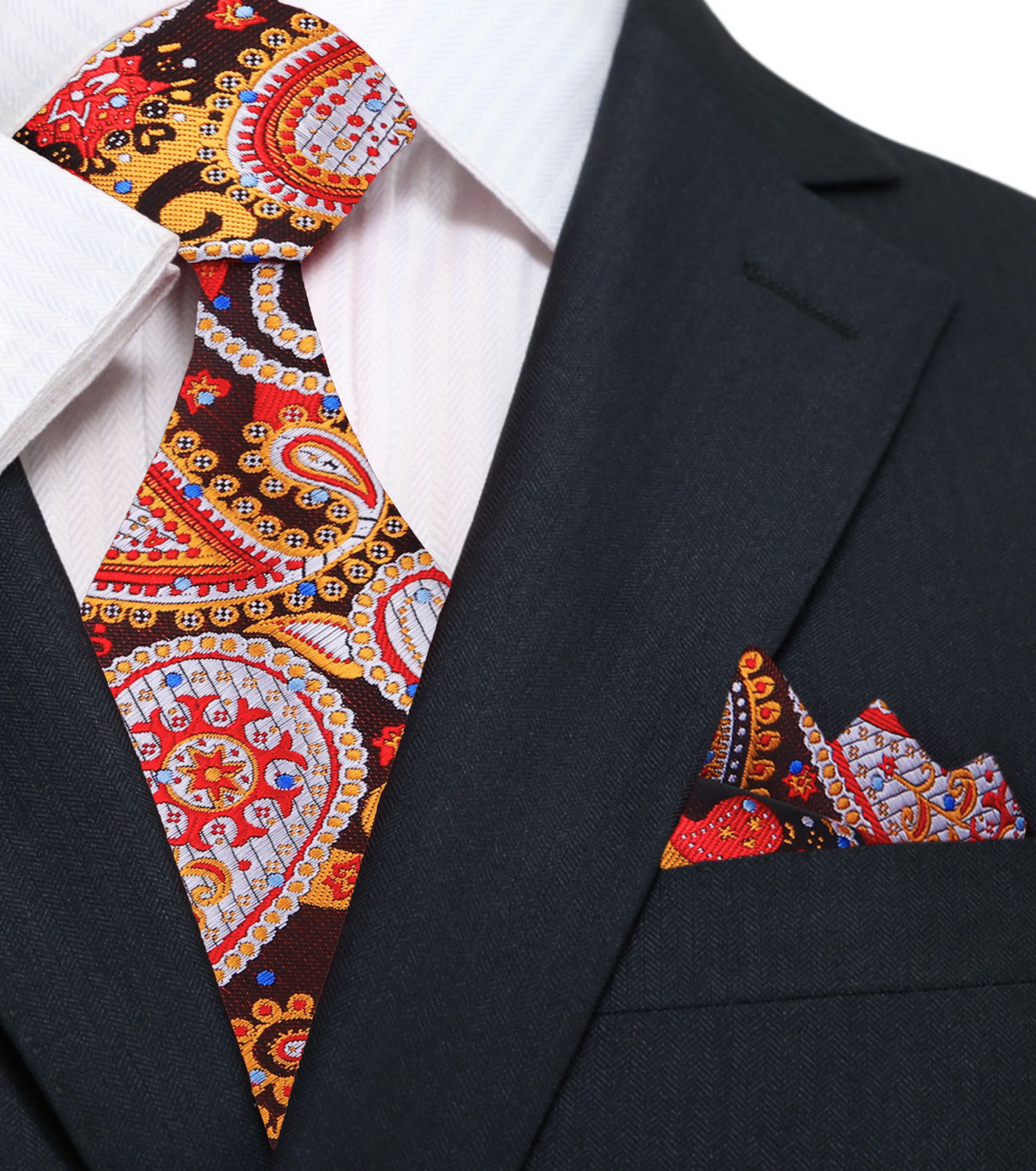 A Orange, Grey Paisley Pattern Silk Necktie, Matching Pocket Square