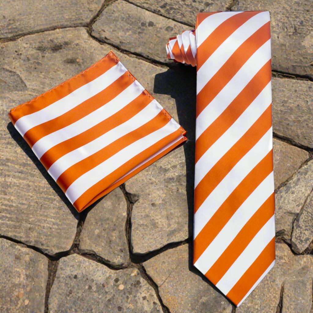 Alt View: A White, Orange Stripe Pattern Silk Necktie, Pocket Square