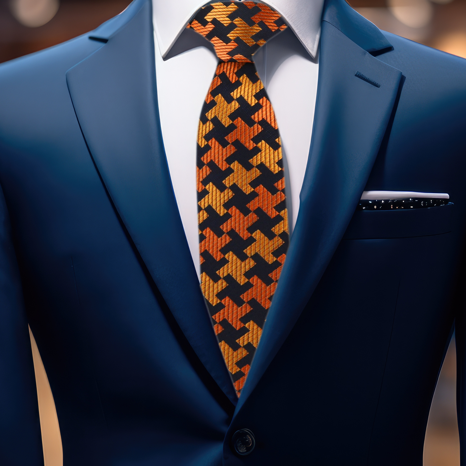 On Blue Suit: Orange, Yellow, Black Hounds Tooth Necktie
