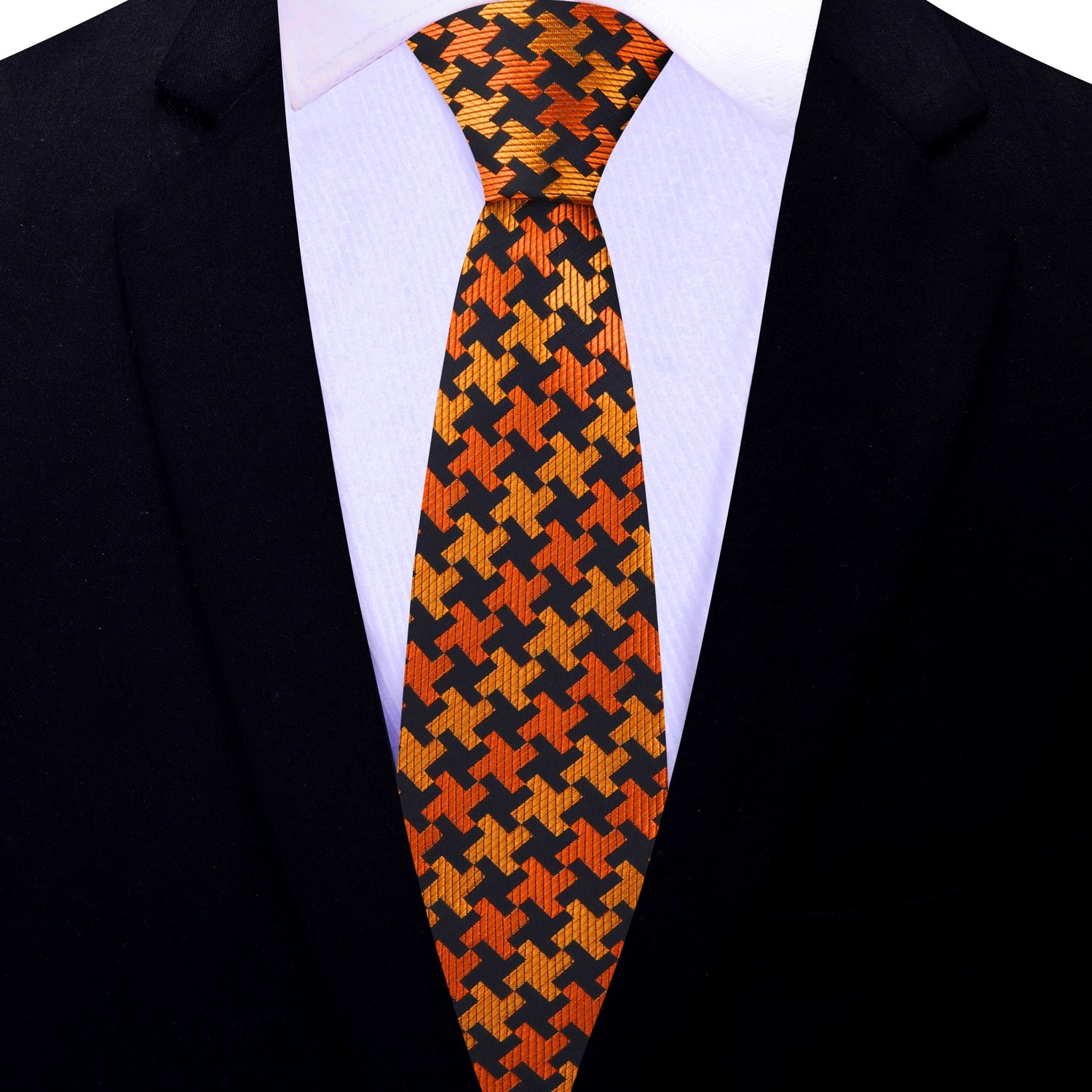 Thin Tie: Orange, Yellow, Black Hounds Tooth Necktie 