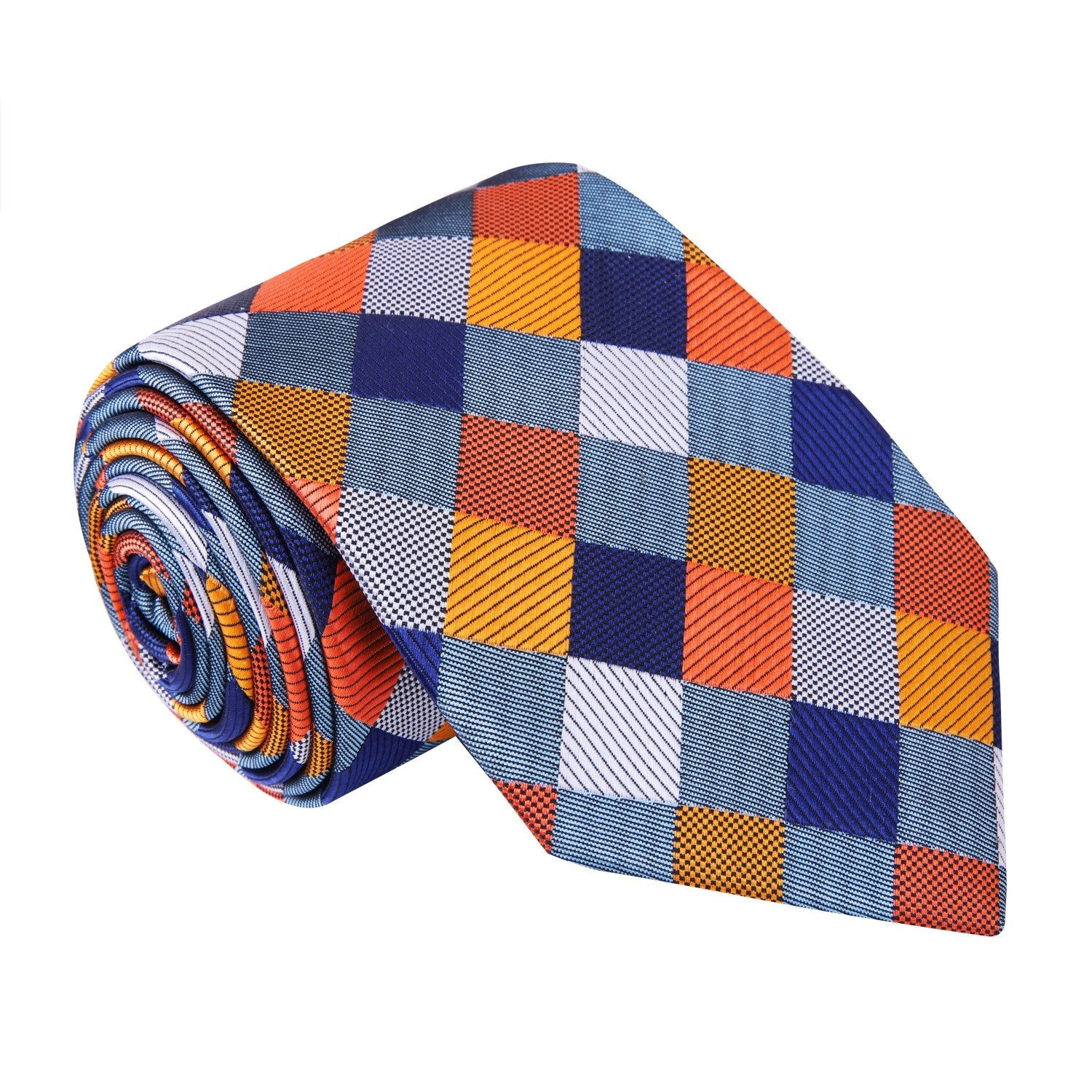 A Grey, Blue, Orange Geometric Diamond Pattern Silk Necktie
