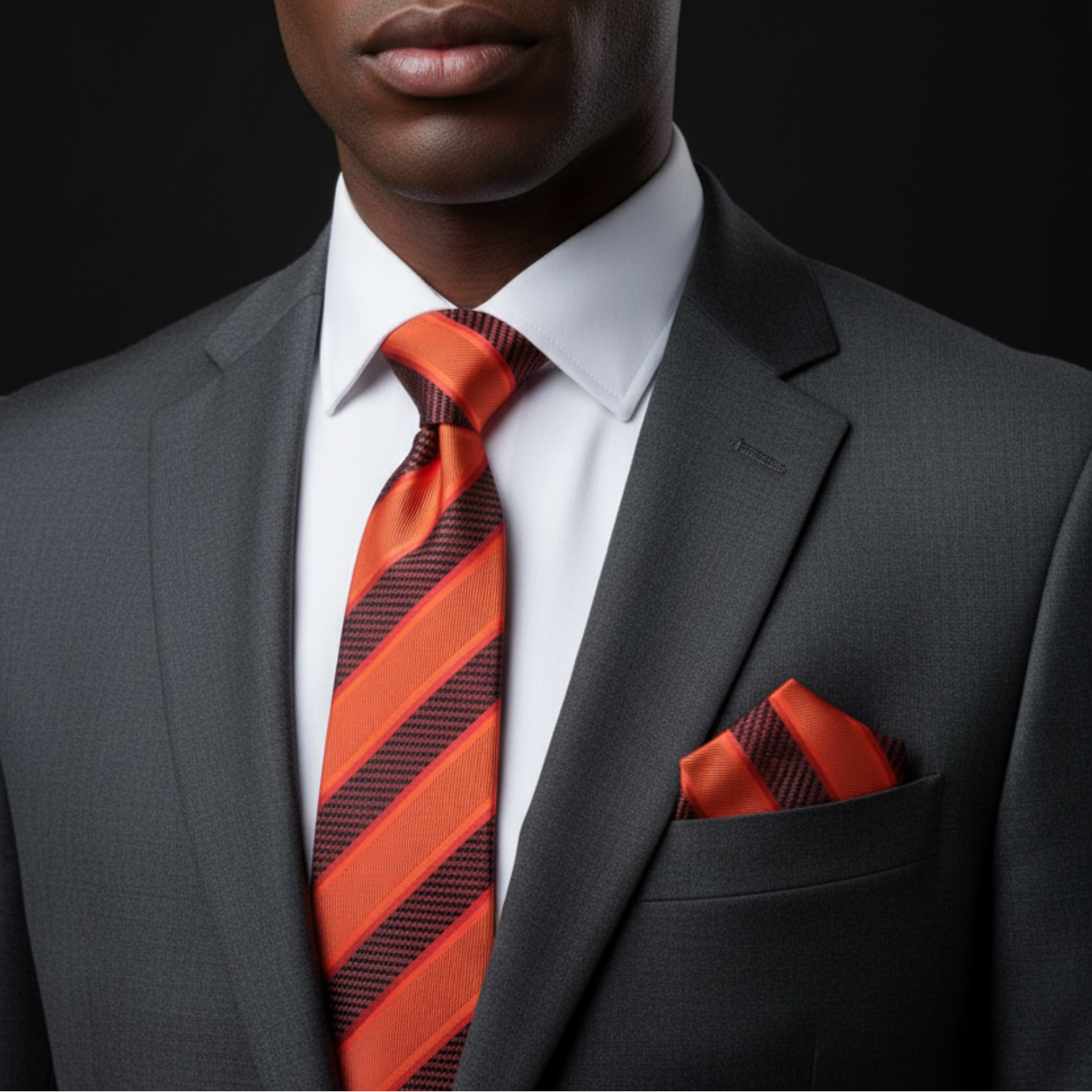 Man wearing a gray suit with a red and black striped tie and pocket square on a black background