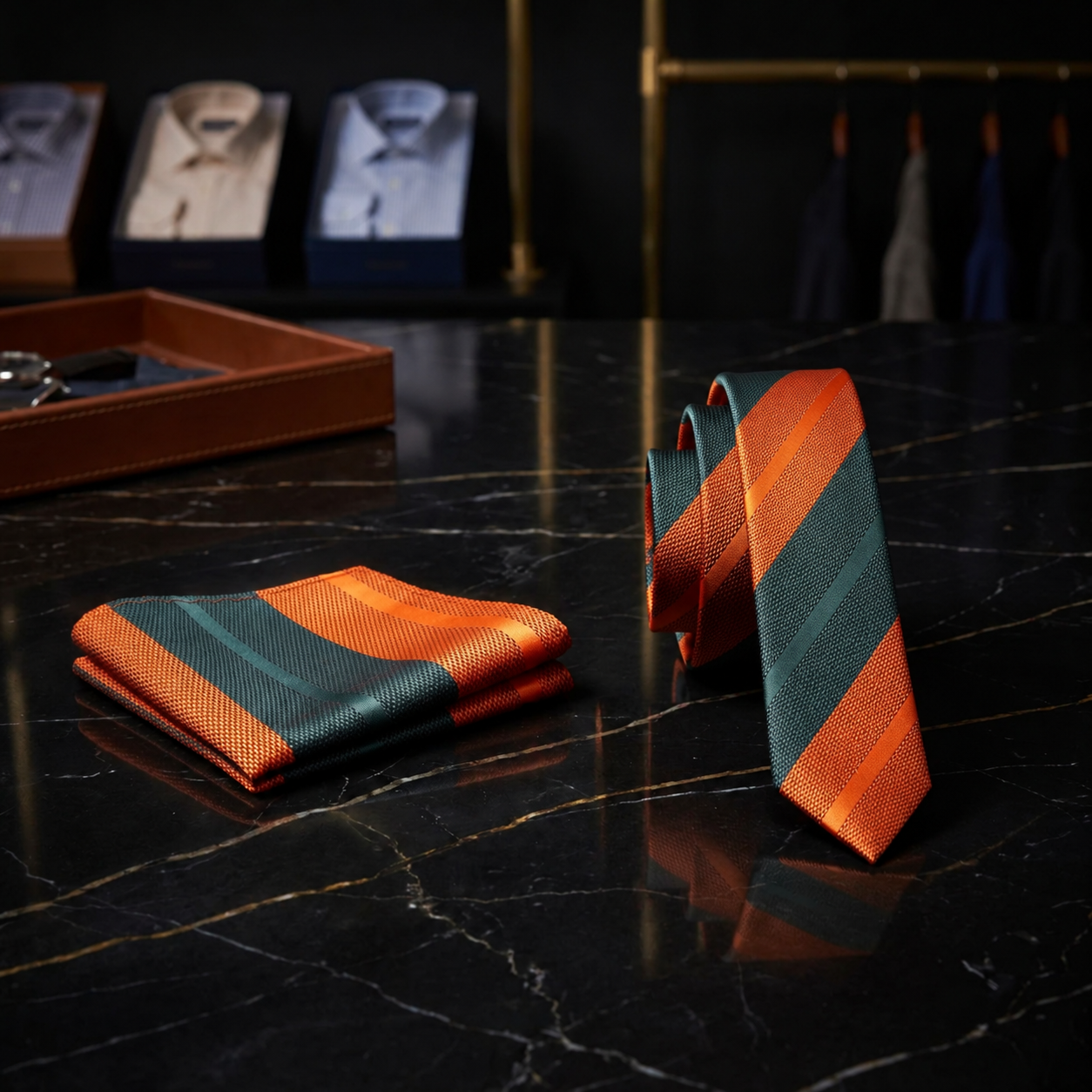 Orange, Green Stripe Thin Tie and Square||Orange/Green