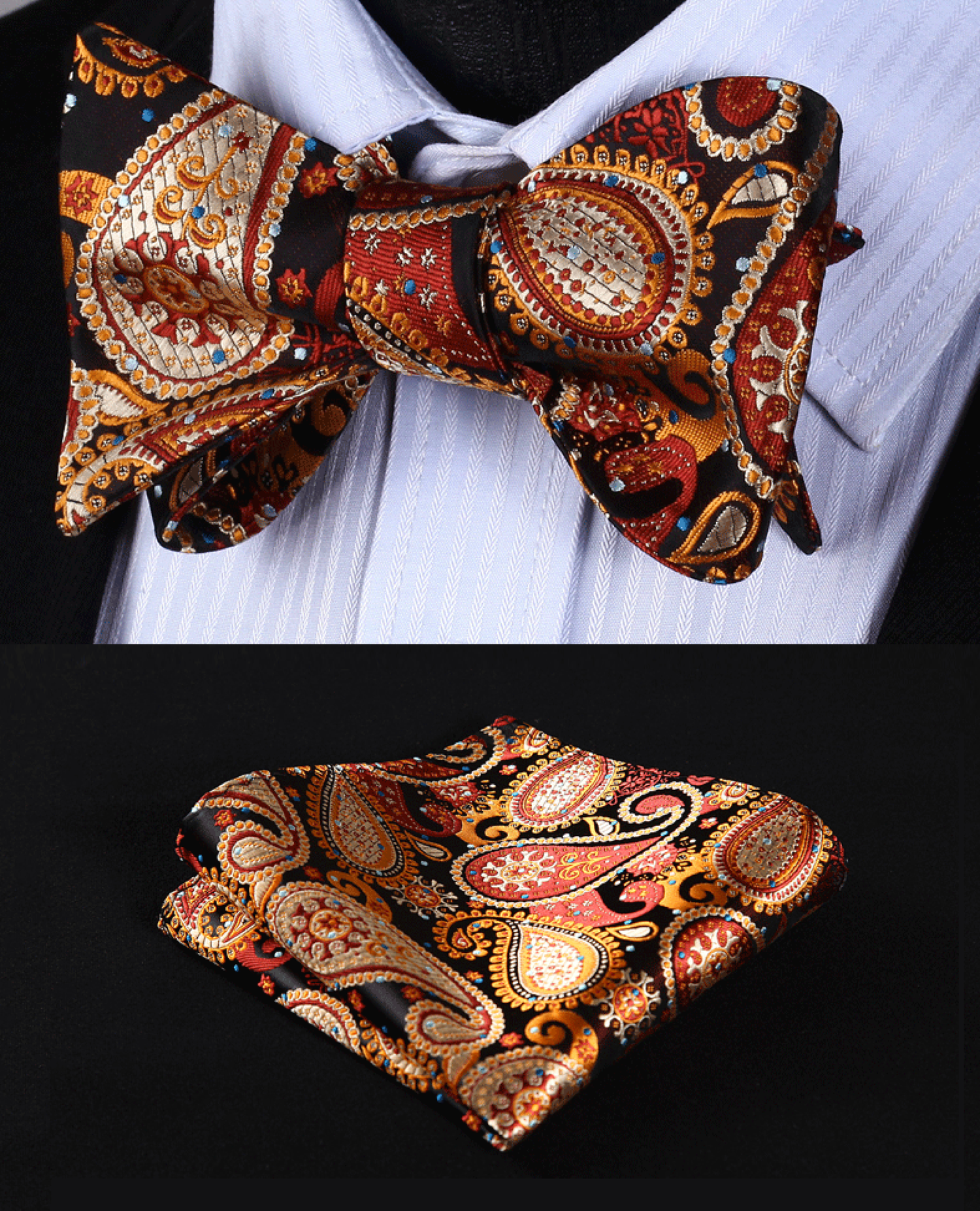 Main View: Brown, Orange Paisley Bow Tie and Pocket Square