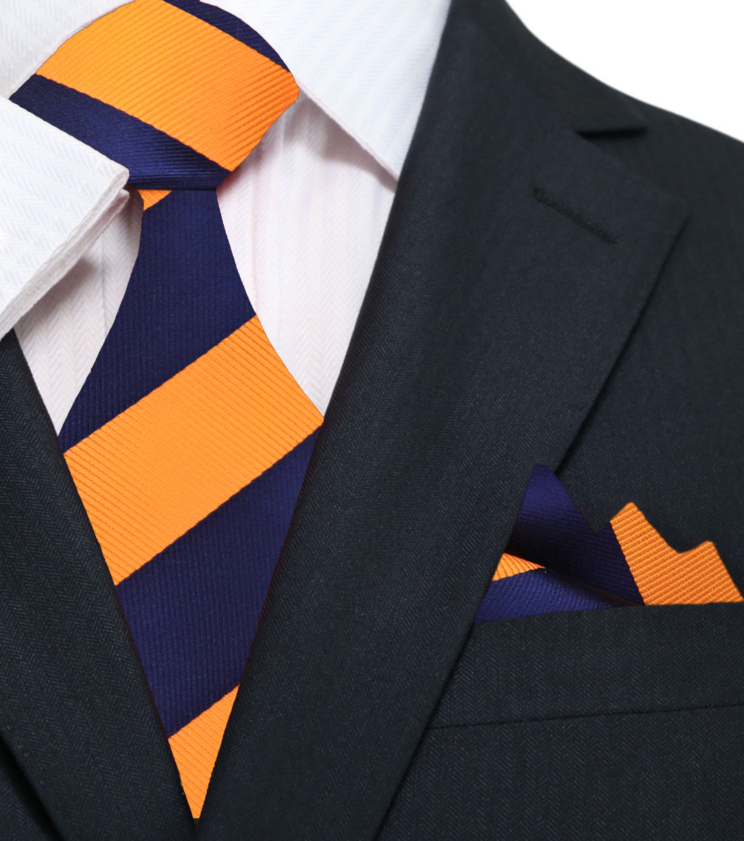 A Orange And Blue Stripe Pattern Silk Necktie, Matching Pocket Square