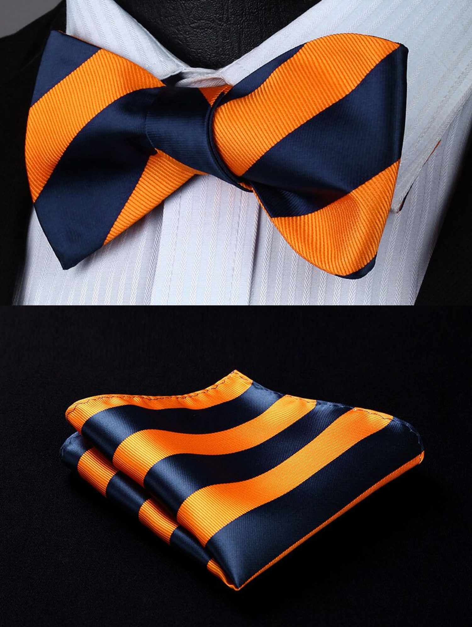 Blue and Orange Block Stripe Bow Tie and Square