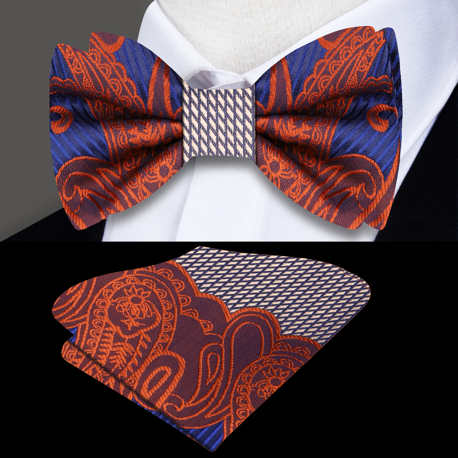 Main View: Blue, Grey, Orange Paisley Bow Tie and Square