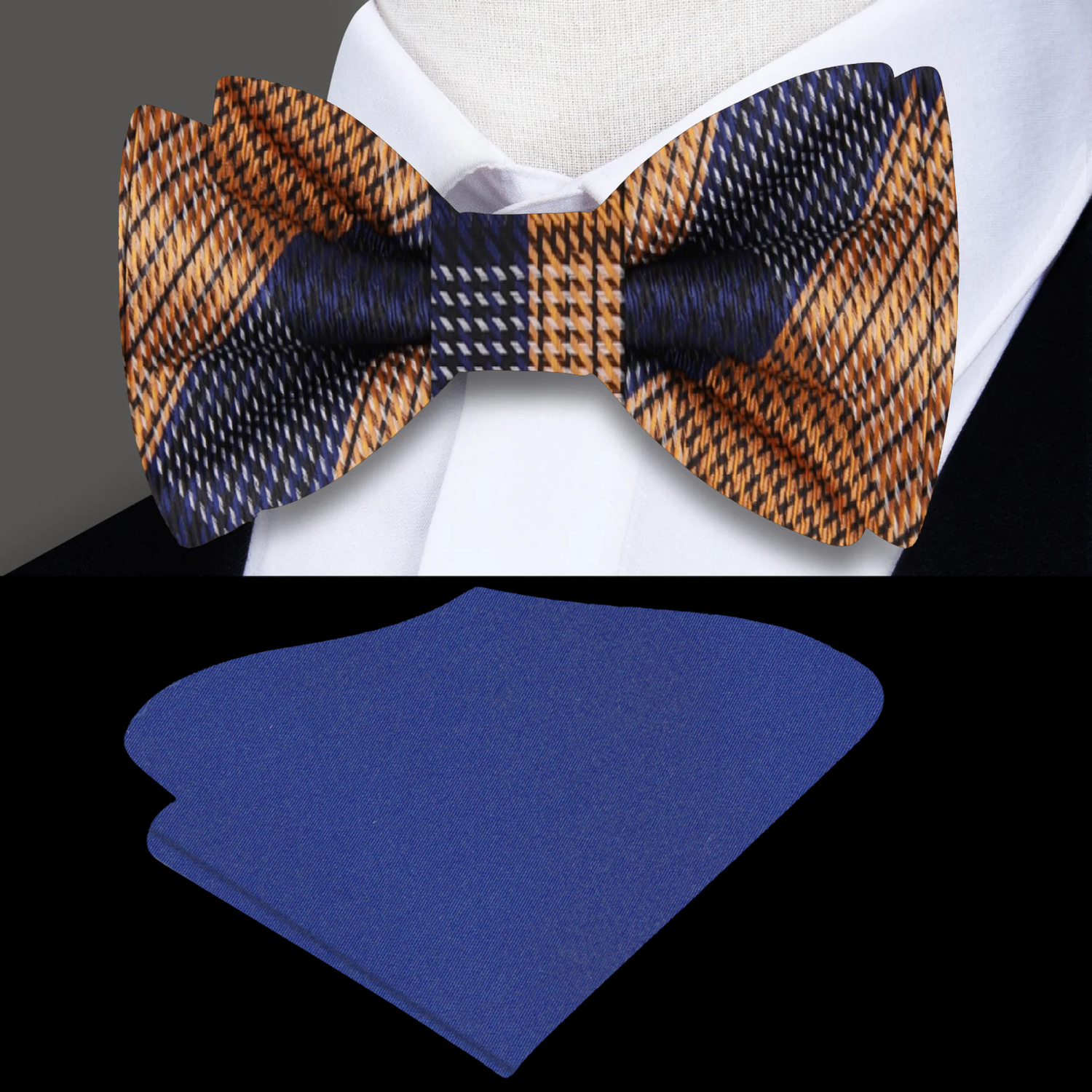 Main: Orange and Blue Plaid Bow Tie and Blue Square