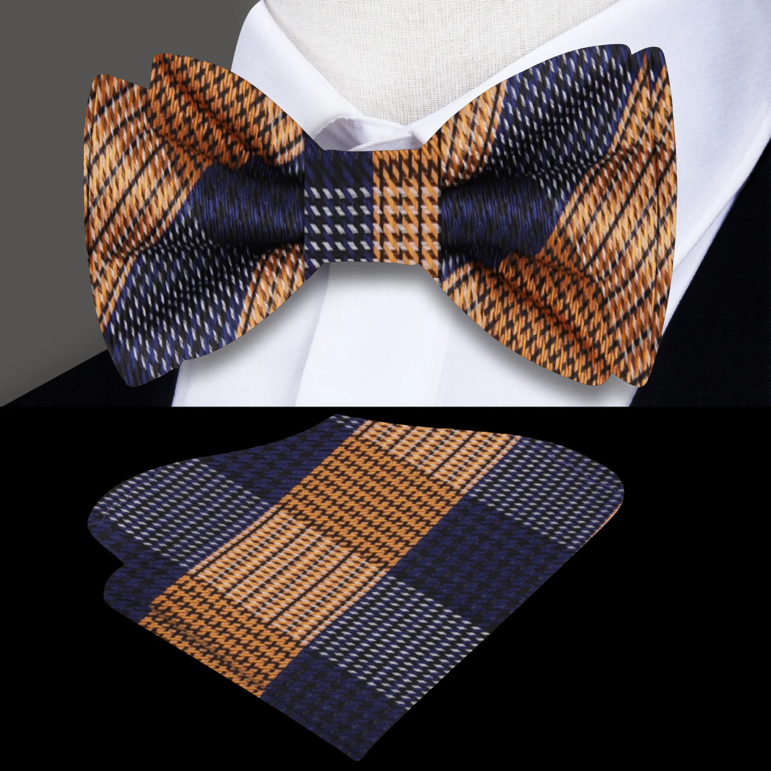 Orange and Blue Plaid Bow Tie and Matching Square