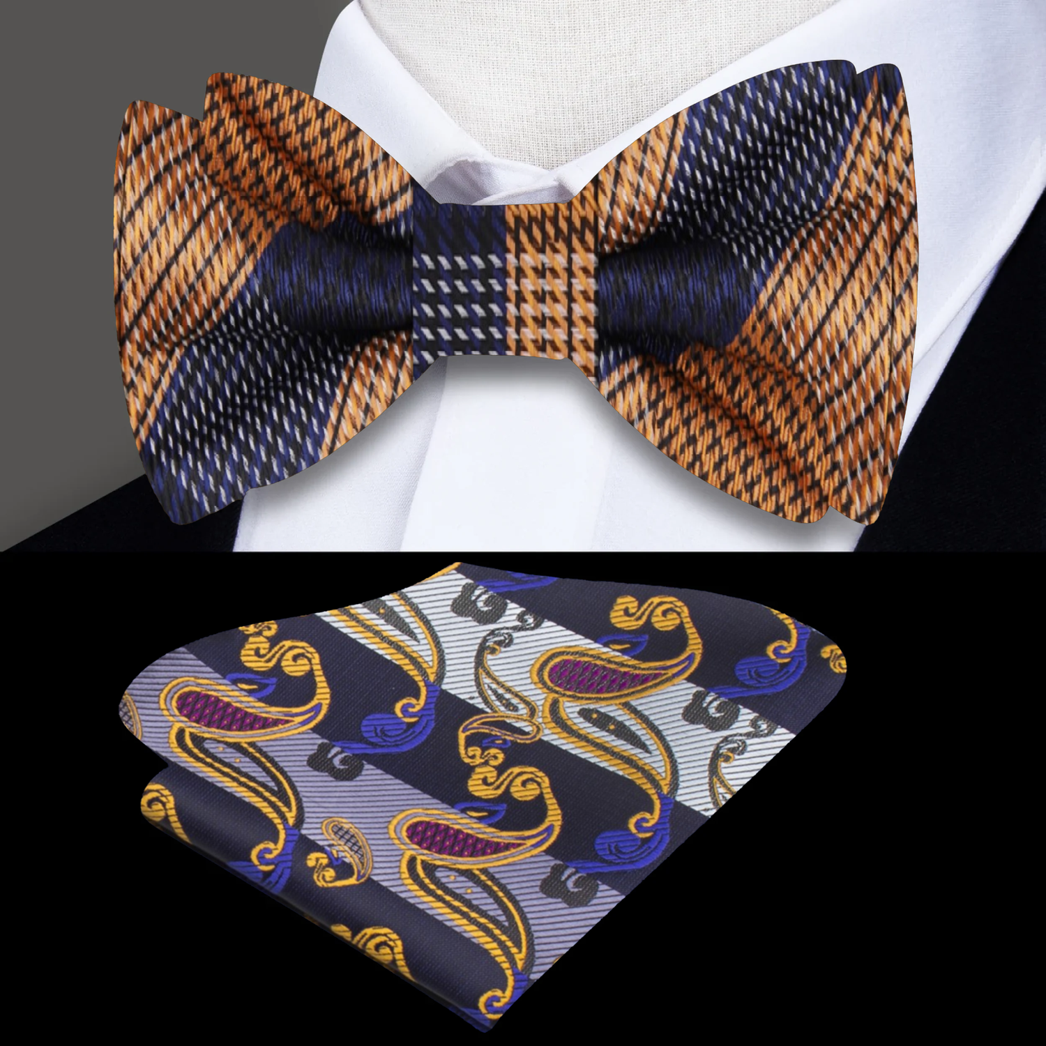 Orange and Blue Plaid Bow Tie and Paisley Square