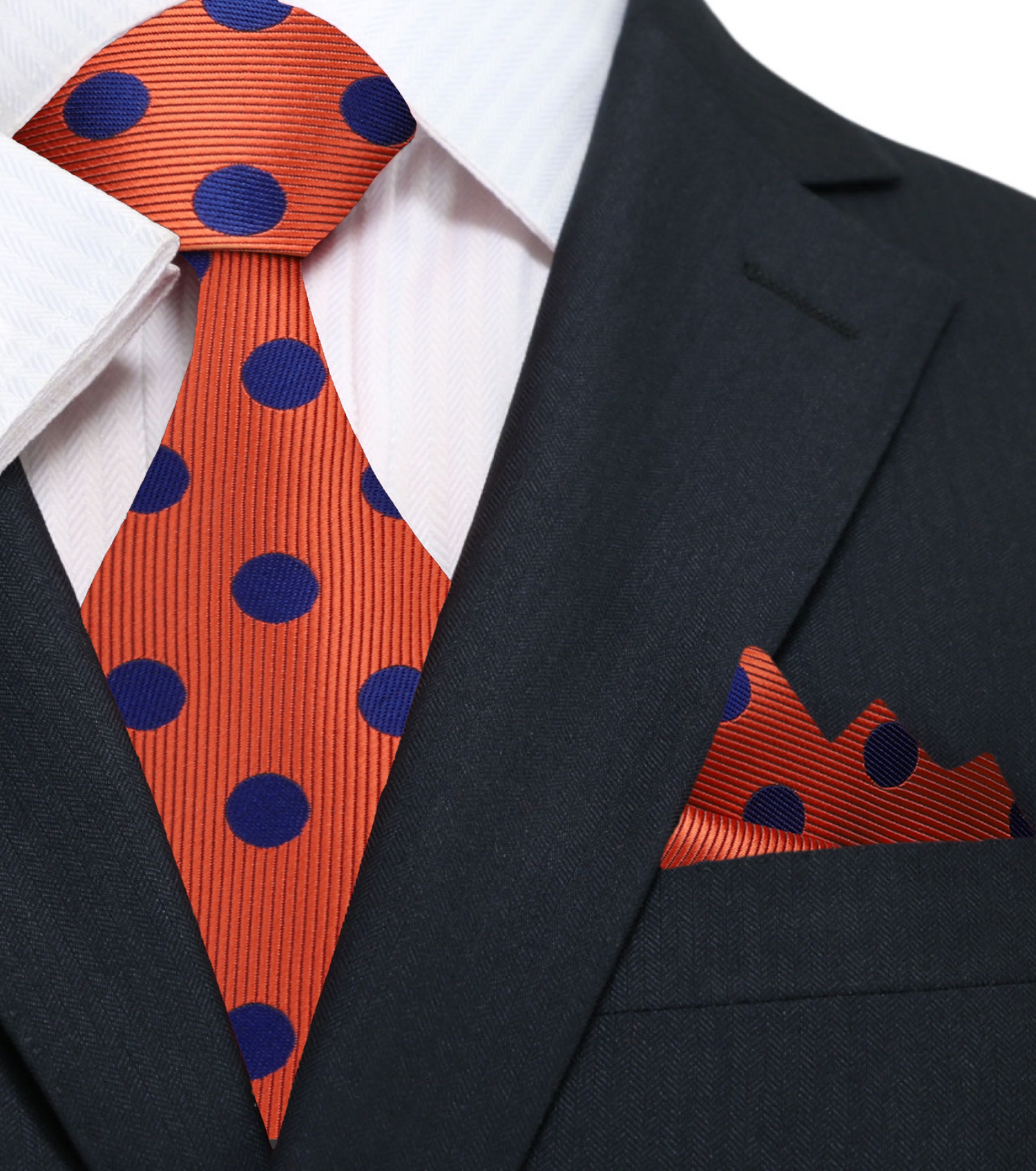 A Orange, Blue Polka Dot Pattern Silk Necktie, Matching Pocket Square