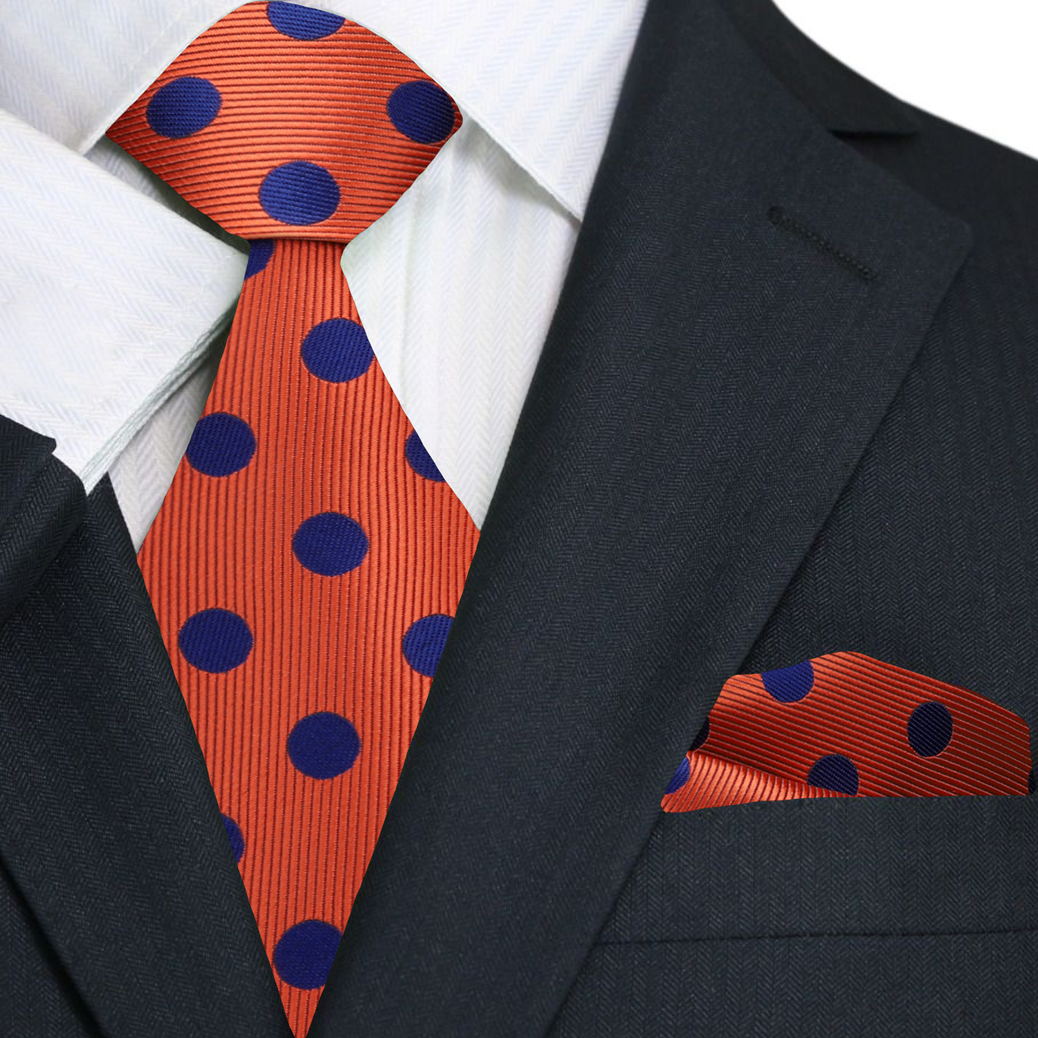 Red Rosette and Blue Polka Dot tie with pearl necklace and accents. Navy Blue and Blush Pink Polka Dot Necktie | Shop at TieMart  main image 4