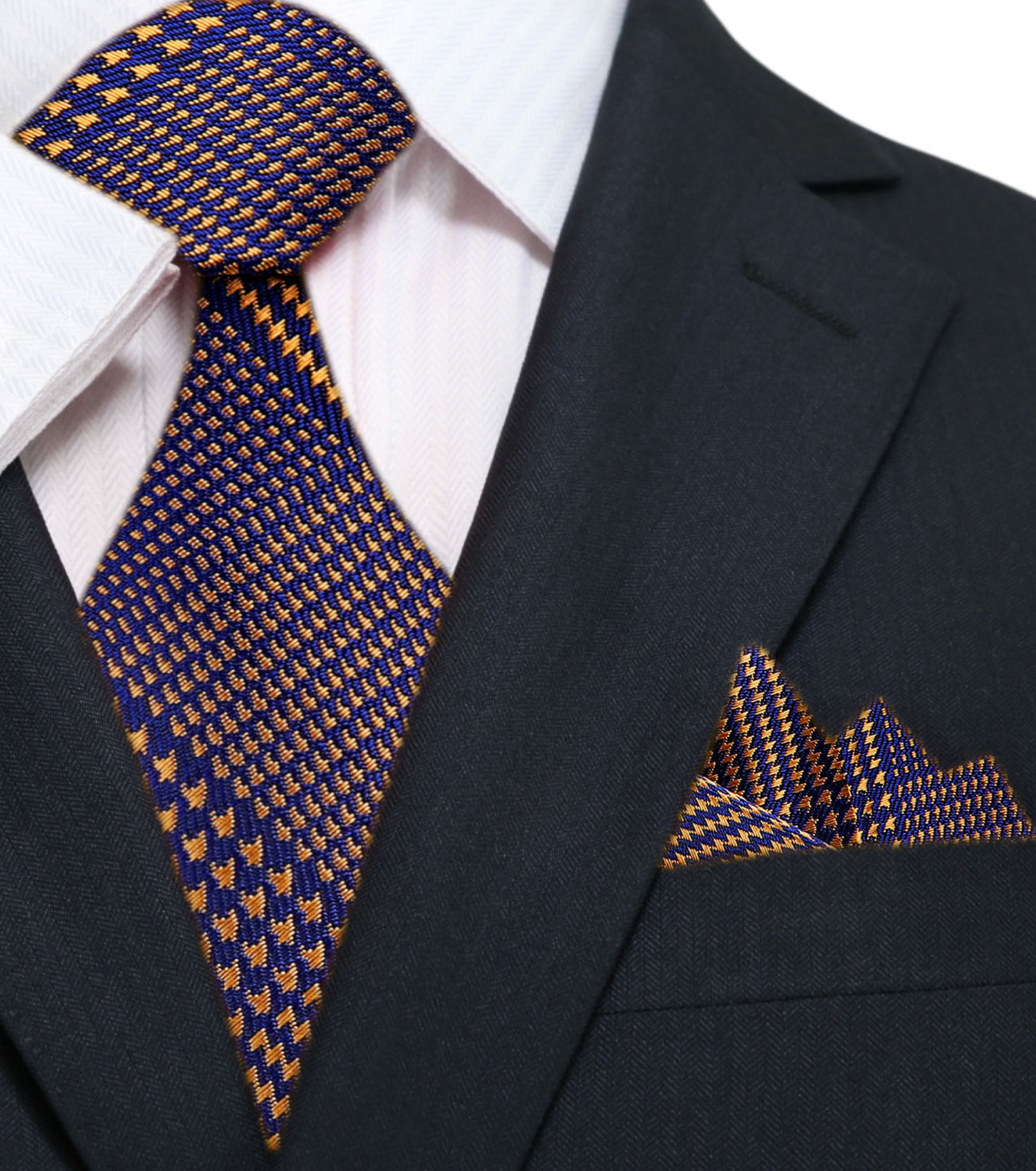 Main: Blue and Orange Stanford Geometric Plaid Tie and Pocket Square