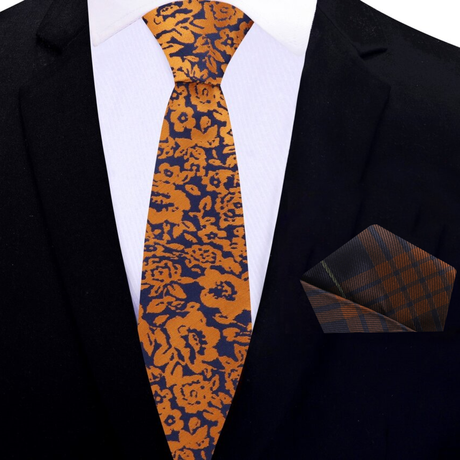 Thin Orange, Blue Floral Tie and Accenting Square