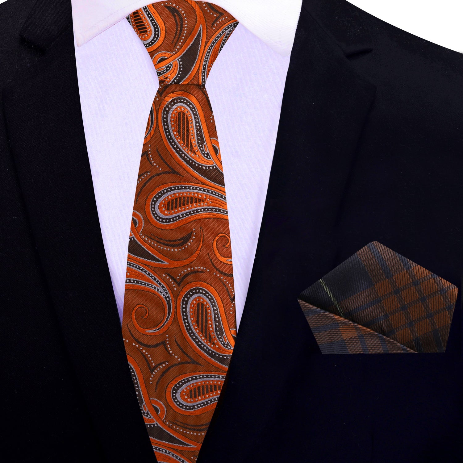 Thin Tie: Orange and Brown Paisley Necktie and Brown and Blue Plaid Square
