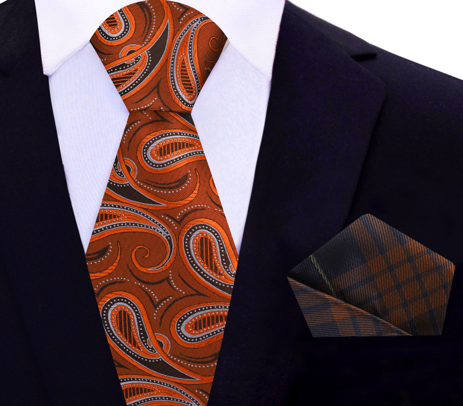 View 2: Orange and Brown Paisley Necktie and Brown and Blue Plaid Square
