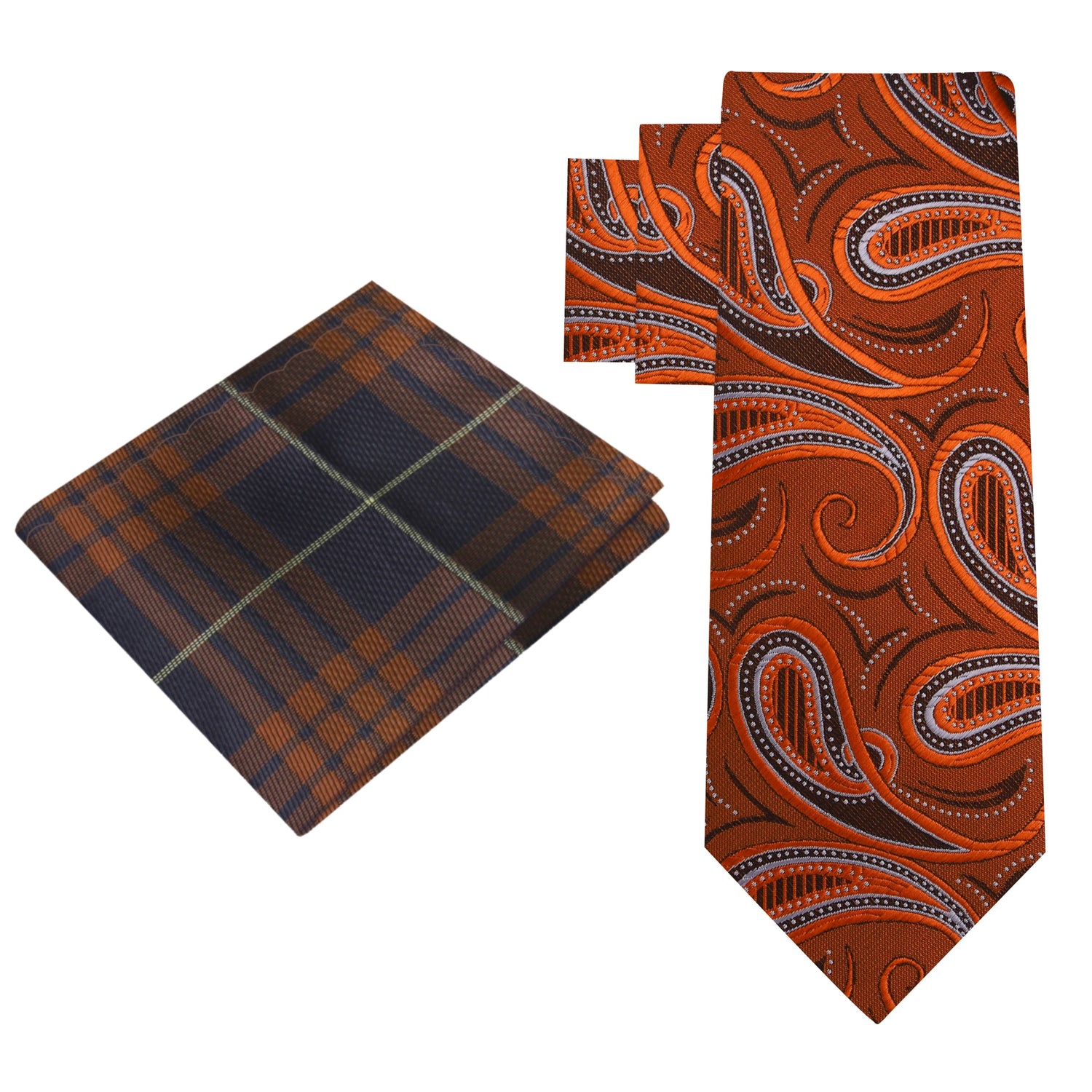 Alt View: Orange and Brown Paisley Necktie and Brown and Blue Plaid Square