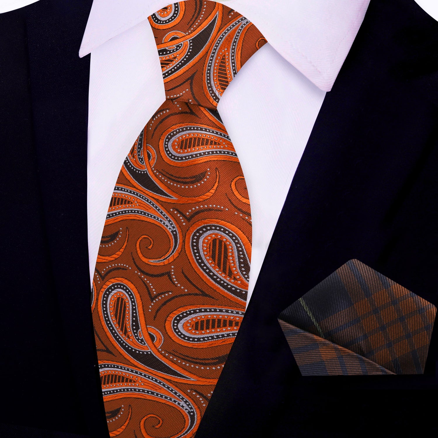 Orange and Brown Paisley Necktie and Brown and Blue Plaid Square