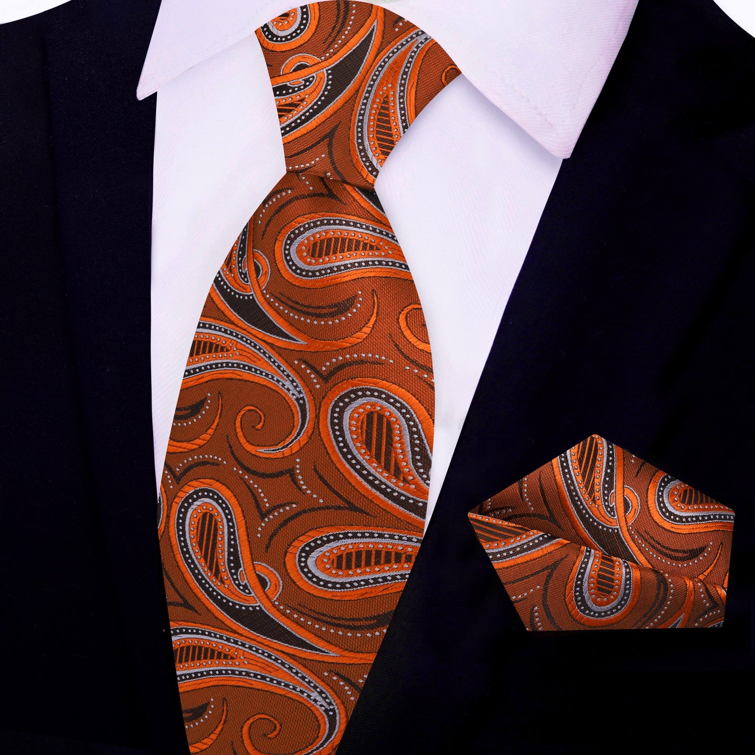 Orange and Brown Paisley Necktie and Matching Square