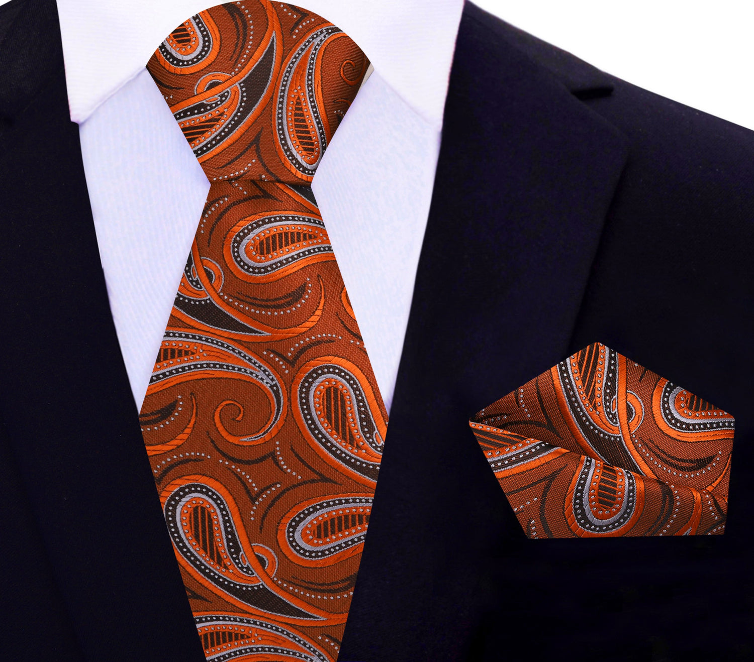 Alt View: Orange and Brown Paisley Necktie and Matching Square
