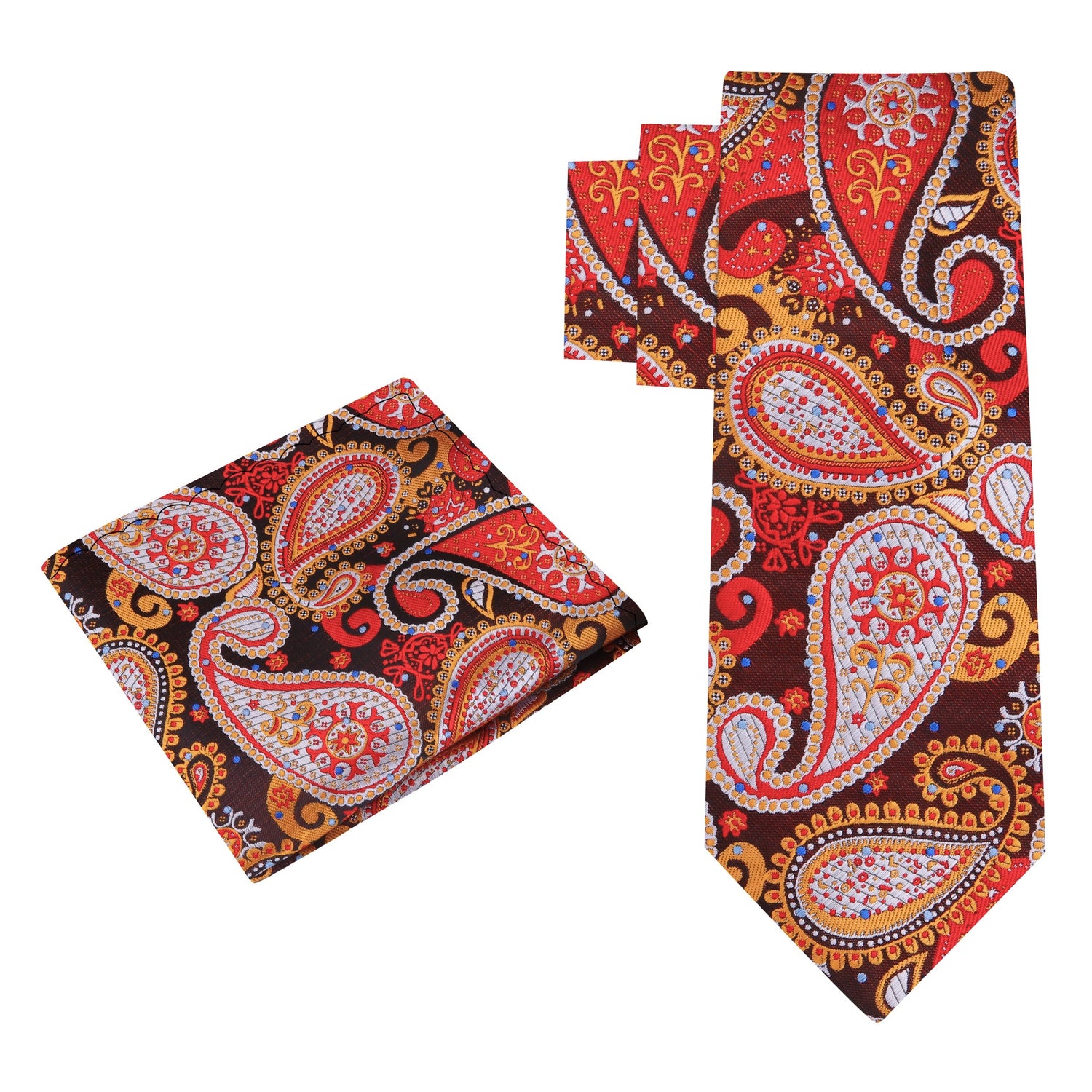 Alt View: A Orange, Grey Paisley Pattern Silk Necktie, Matching Pocket Square
