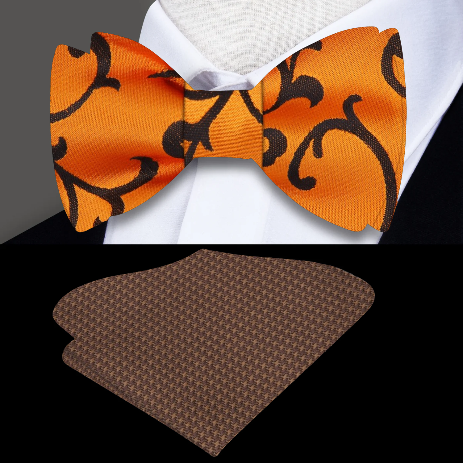 Orange, Brown Floral Bow Tie and Brown Square