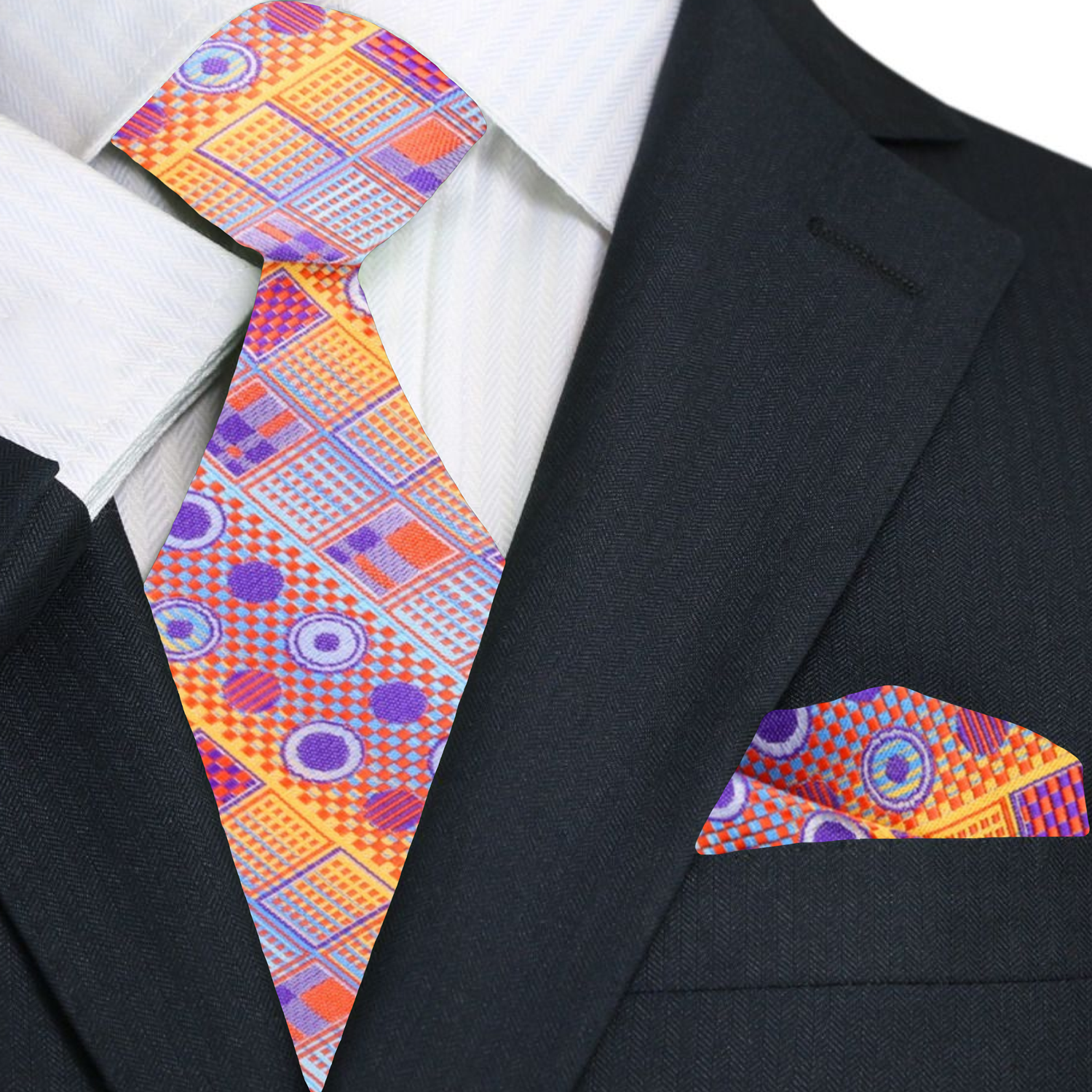 Premium Orange, Purple Circles and Squares Tie and Pocket Square