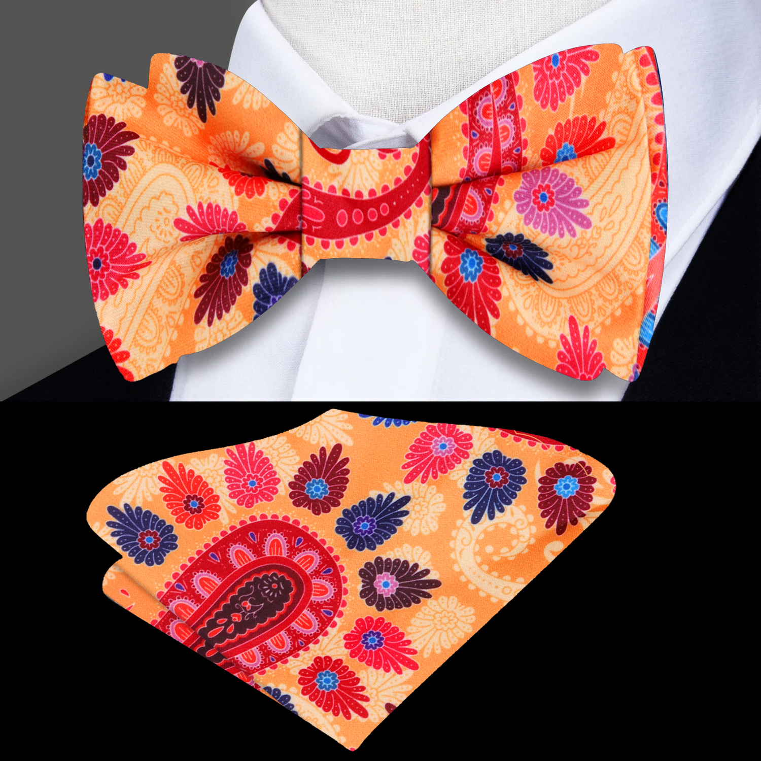 An Orange, Red, Blue, Purple, Pink Paisley Silk Bow Tie, Pocket Square