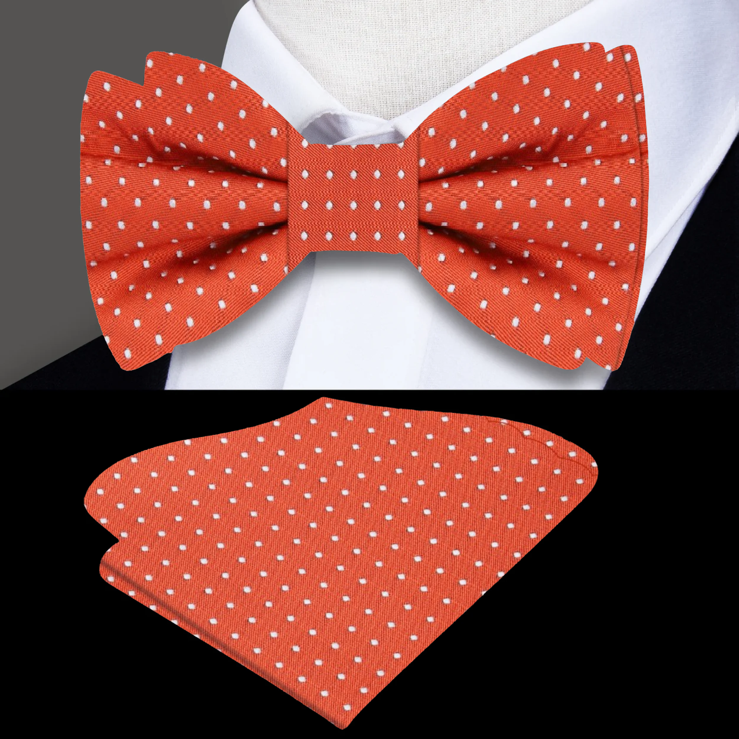 Reddish Orange with White Dots Bow Tie and Matching Square