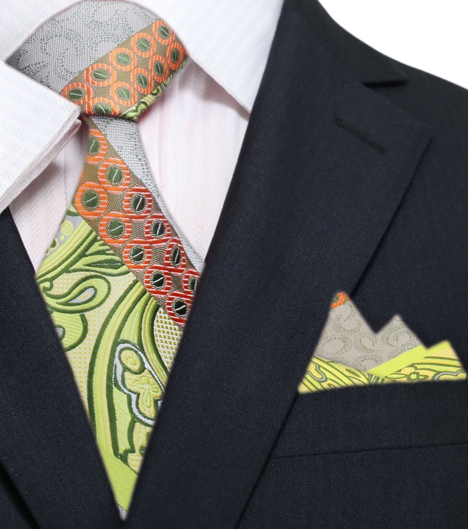 Main: Yellow and Orange Abstract Paisley Tie and Pocket Square