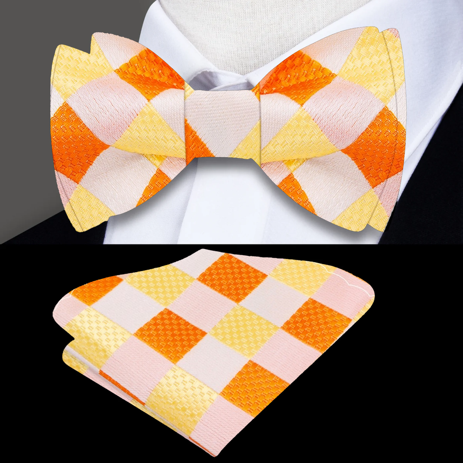 A Yellow, Orange Geometric Pattern Silk Bow Tie, Matching Pocket Square
