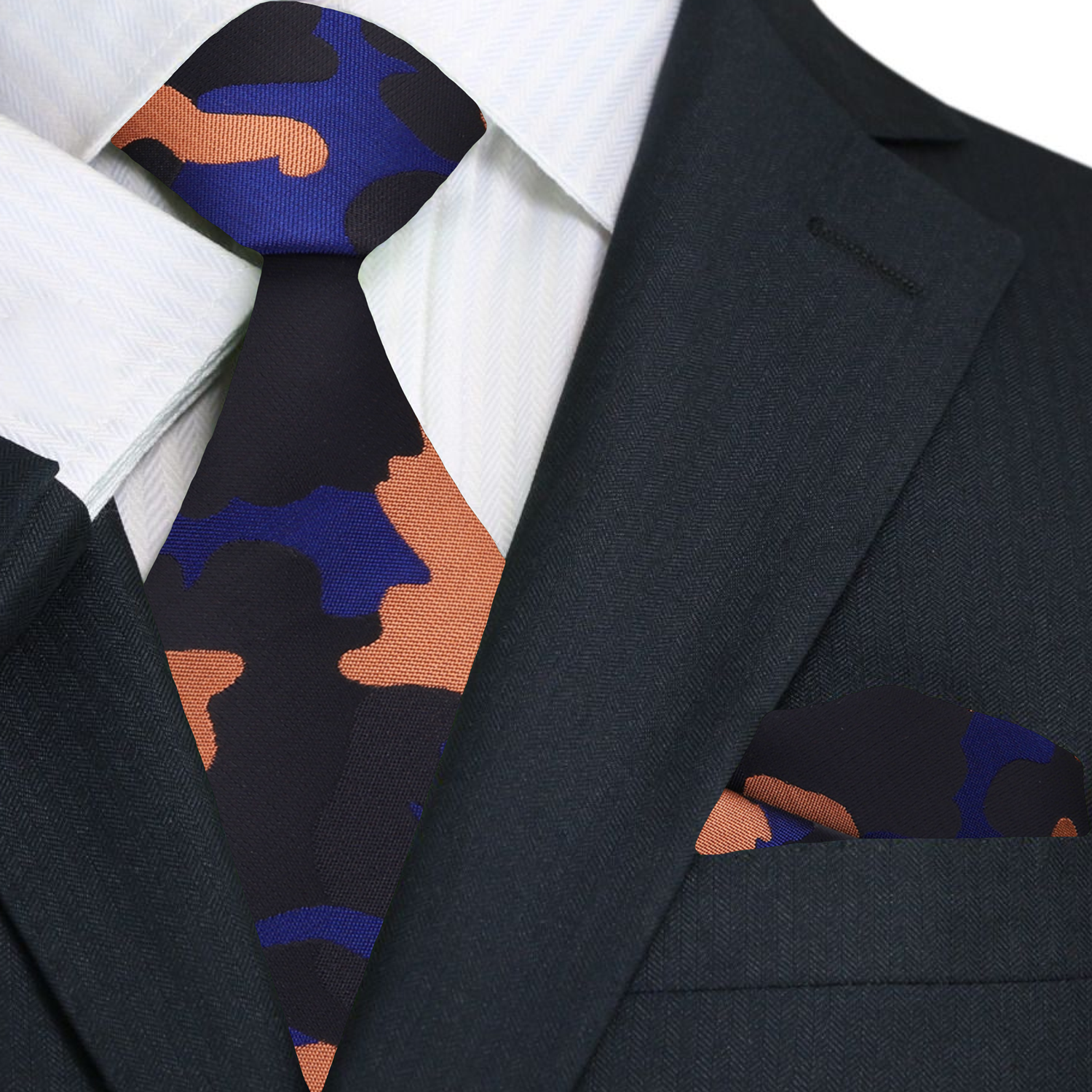 Main: A Orange, Blue, Black Color Camouflage Fleck Pattern Necktie, Matching Pocket Square