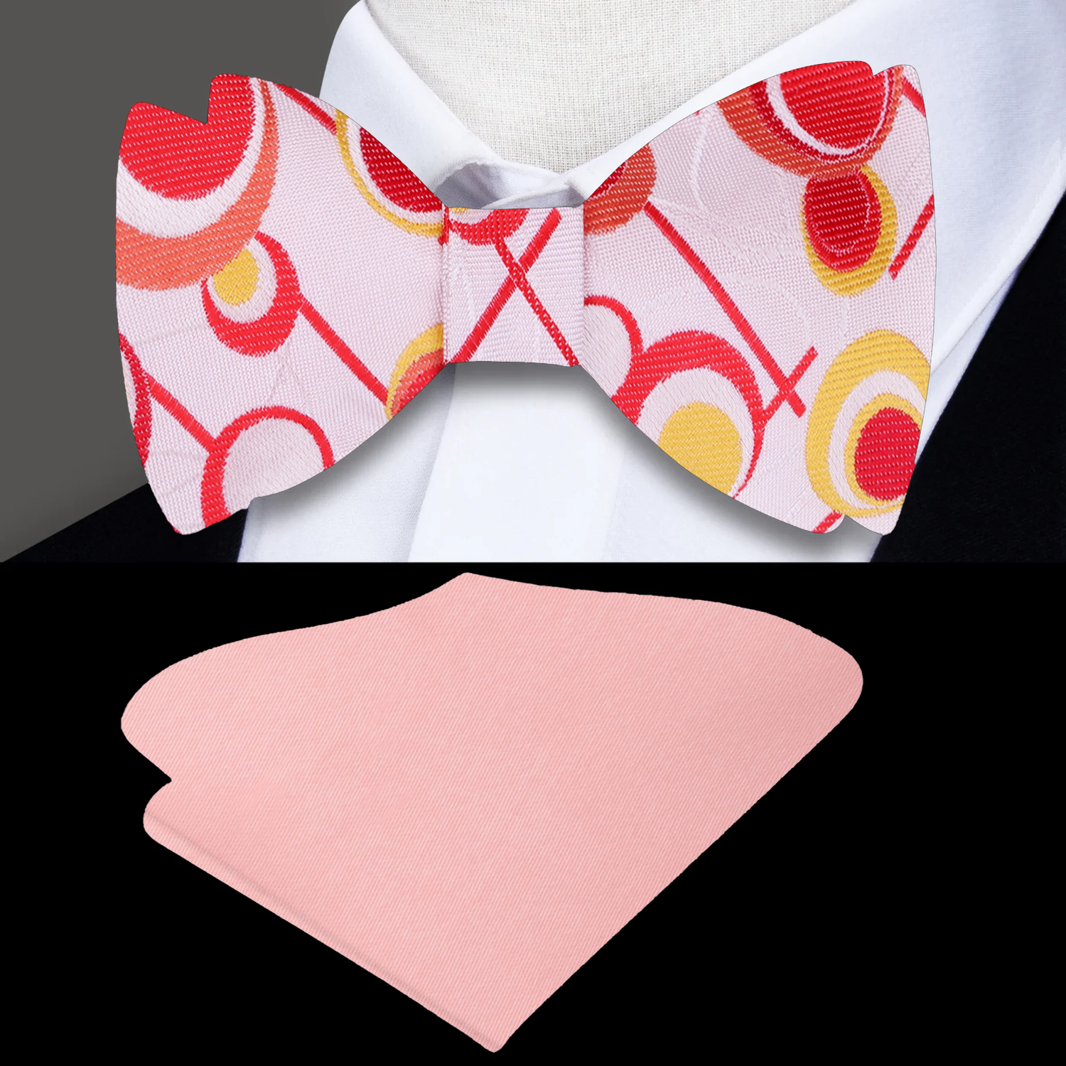 Pale Peach Red Orange Yellow Circles Bow Tie and Accenting Square