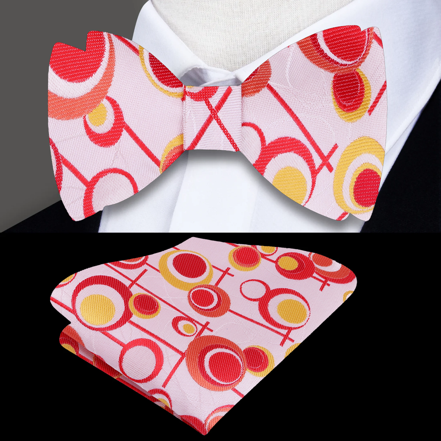 Pale Peach Red Orange Yellow Circles Bow Tie and Square