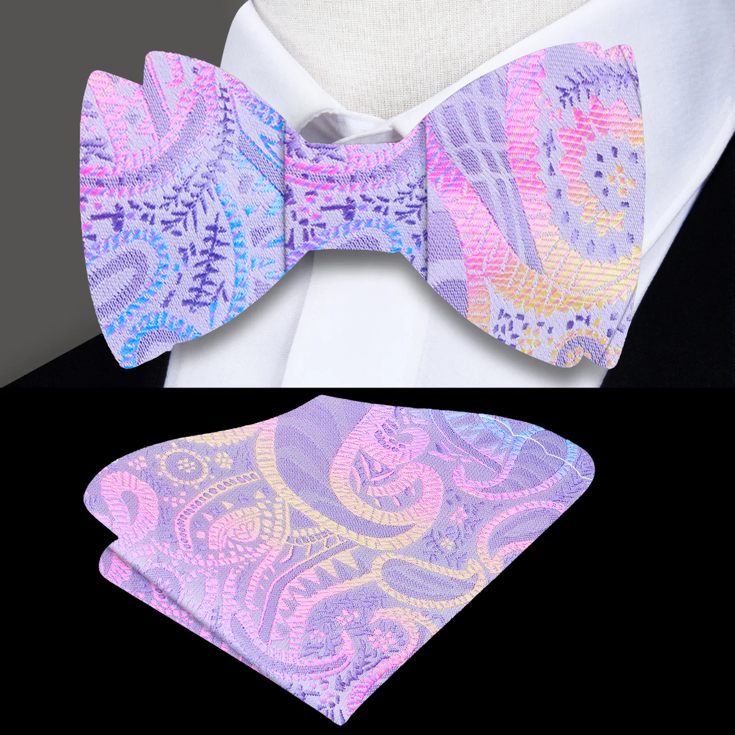 A Pink, Grey, Light Blue, Yellow Paisley Pattern Silk Self Tie Bow Tie and Square