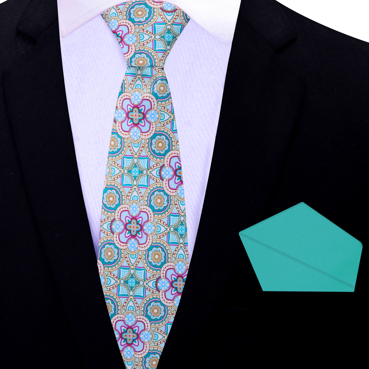 Thin Tie: Pastel Green, Blue, Purple Geometric Necktie and Aqua Pocket Square