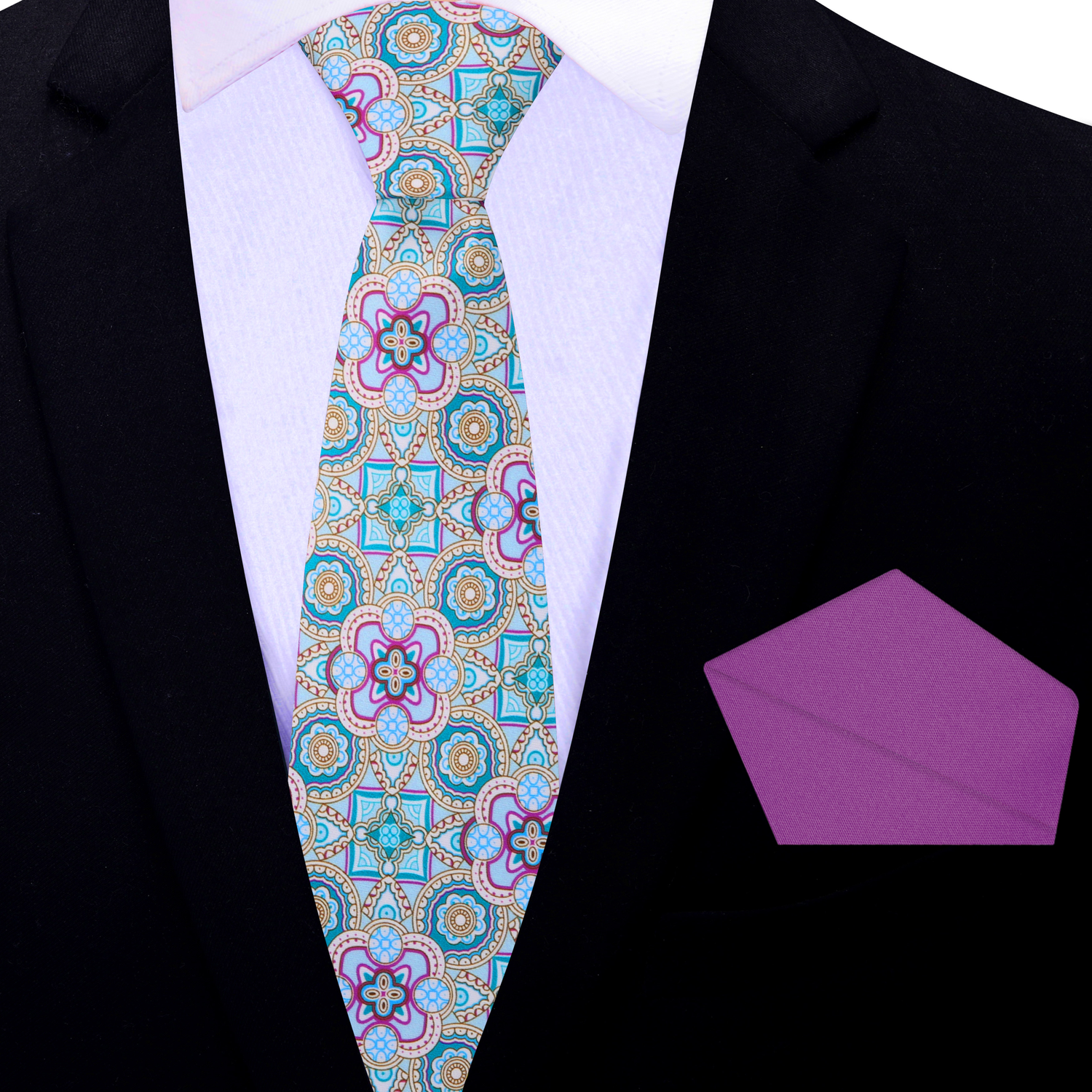 Thin Tie: Pastel Green, Blue, Purple Geometric Necktie and Purple Pocket Square
