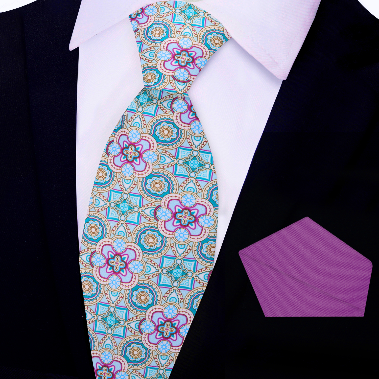 View 2: Pastel Green, Blue, Purple Geometric Necktie and Purple Pocket Square