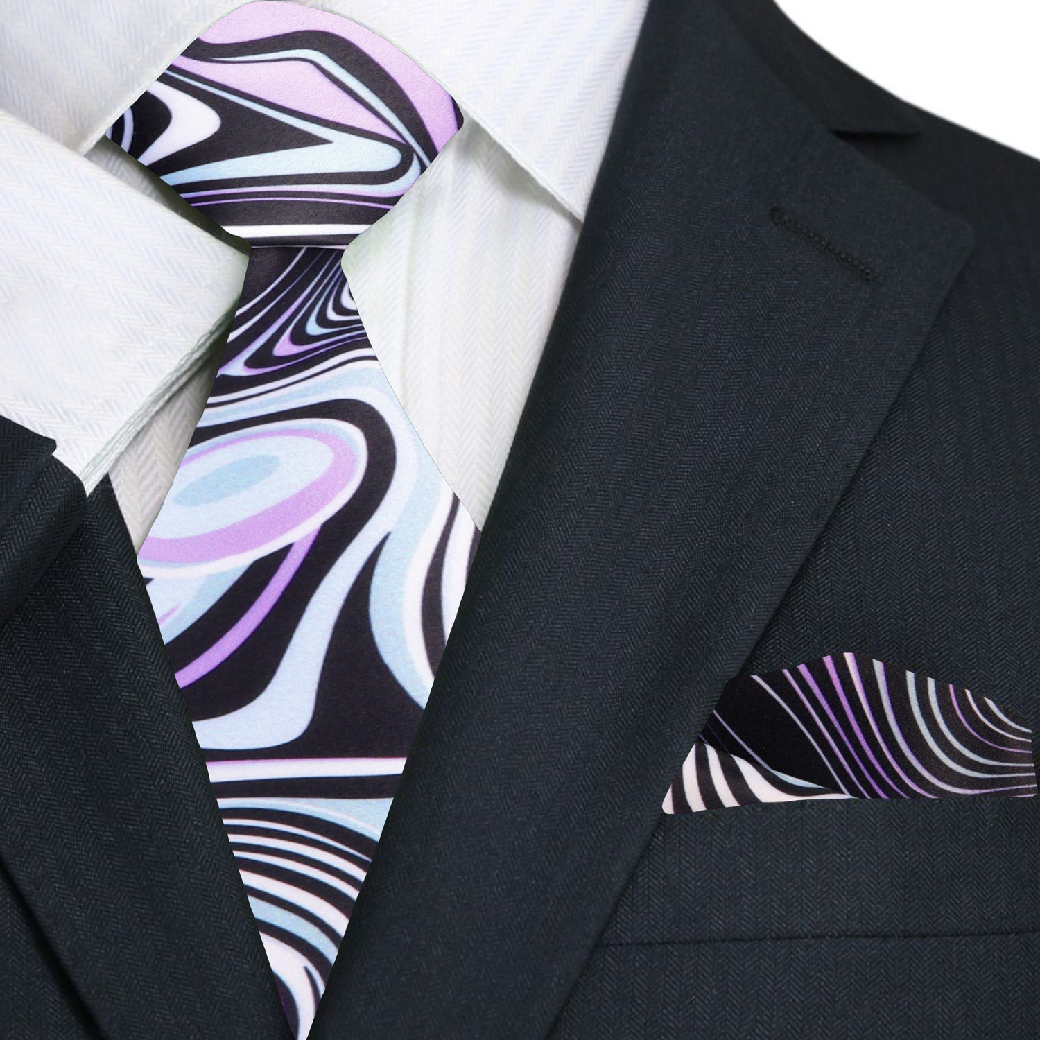 Premium Pink, Light Blue, Black Abstract Tie and Square