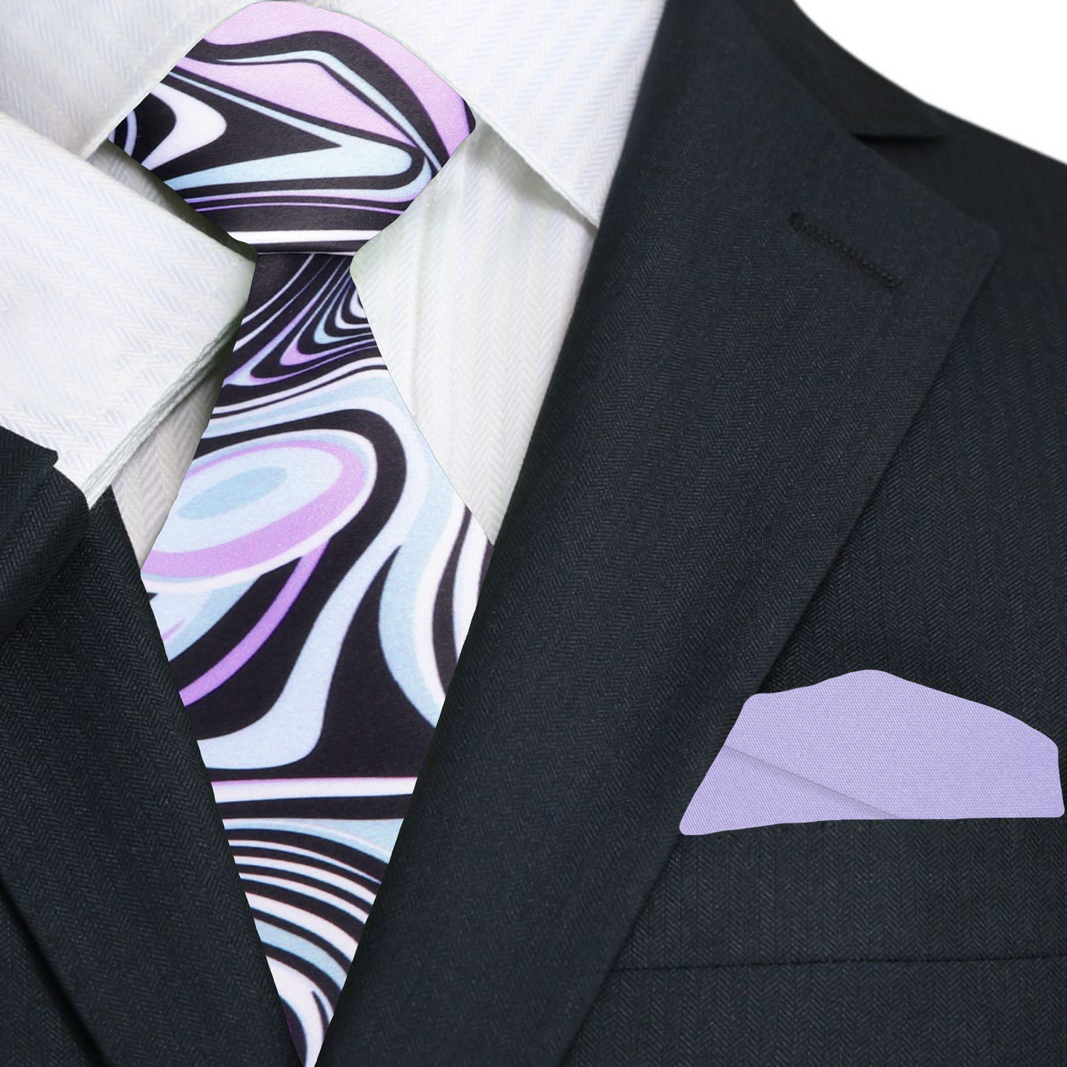 Premium Pink, Light Blue, Black Abstract Tie and Accenting Square