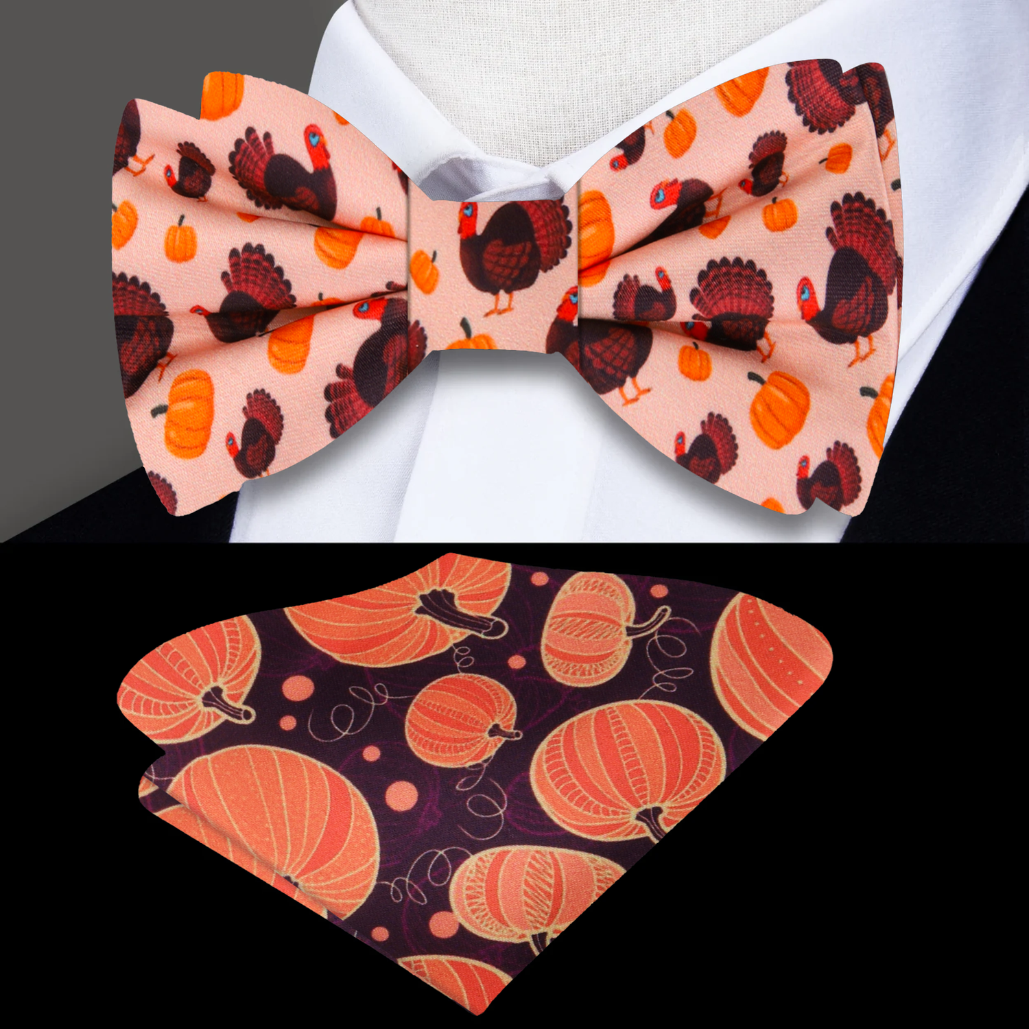 Brown, Orange Turkeys and Pumpkins Bow Tie and Accenting Pocket Square