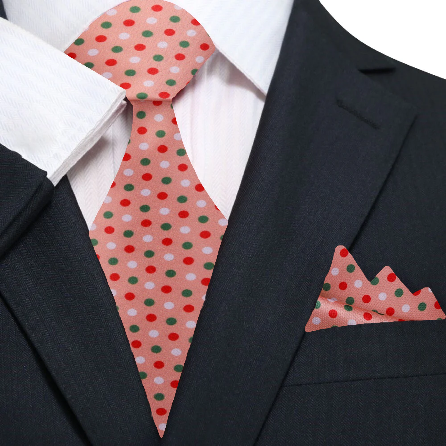Salmon, Red, Green Polka Tie and   Square