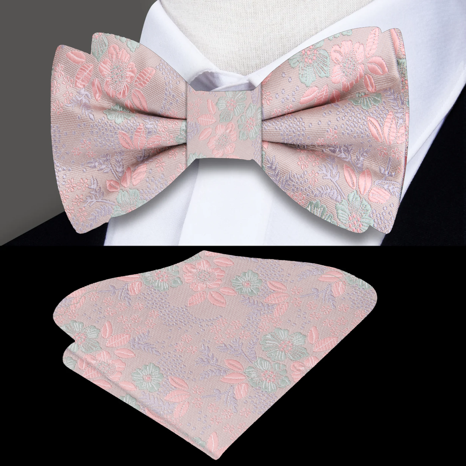 Pink Mint Flowers Bow Tie and Square||Pink/Mint