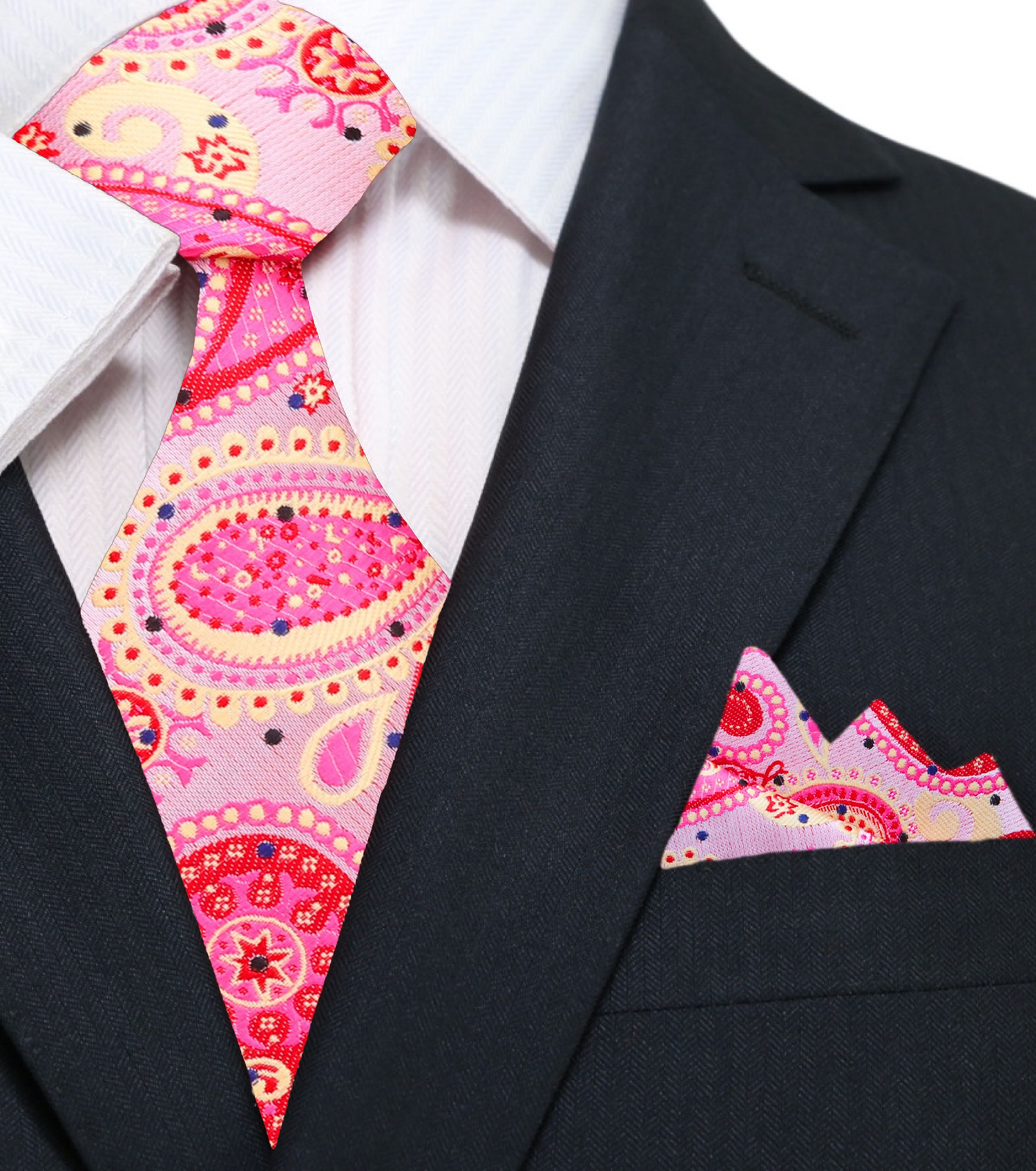 A Light Pink, Pink, Orange Paisley Pattern Silk Necktie, Matching Pocket Square