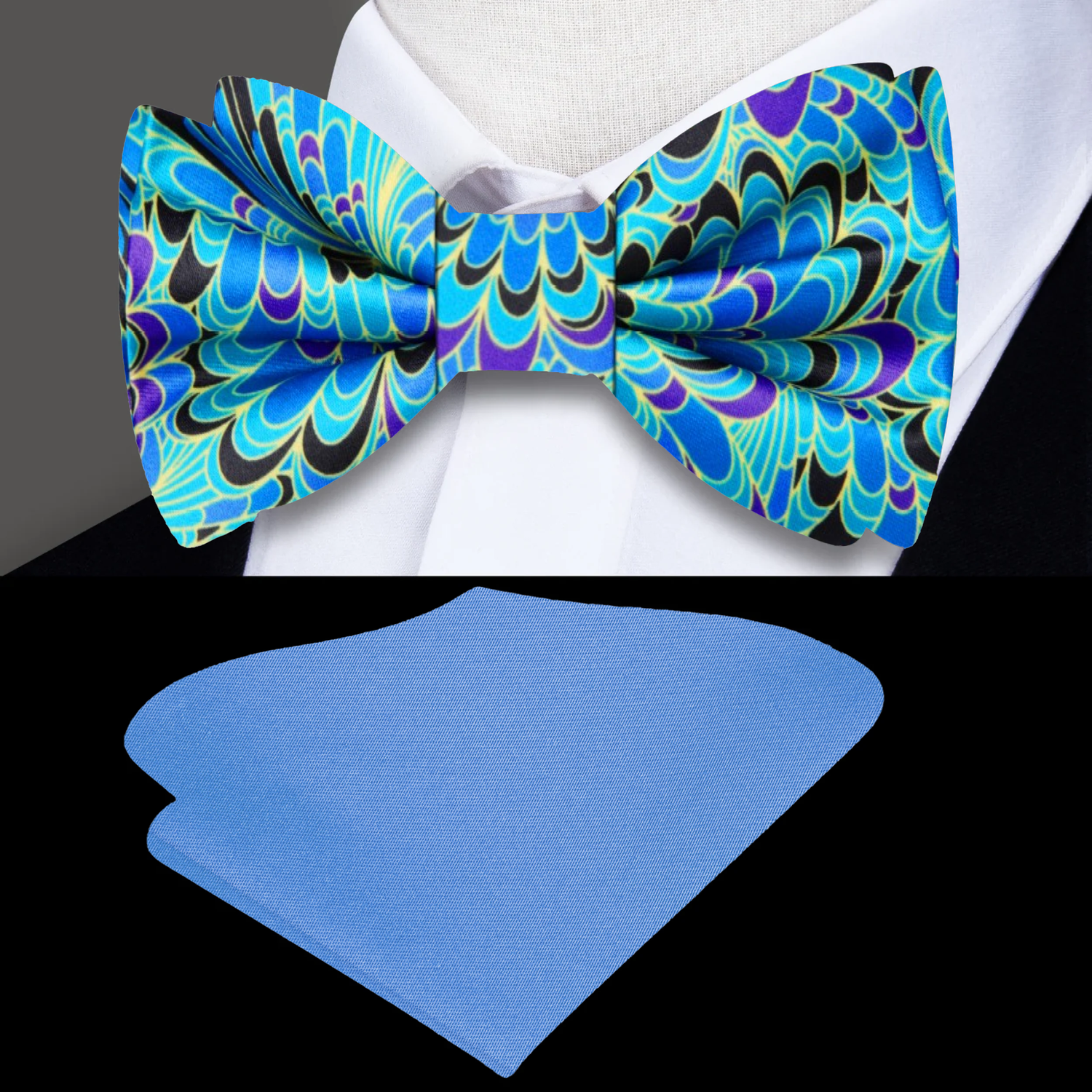 Blue, Black, Purple, Yellow Peacock Bow Tie and Blue Square