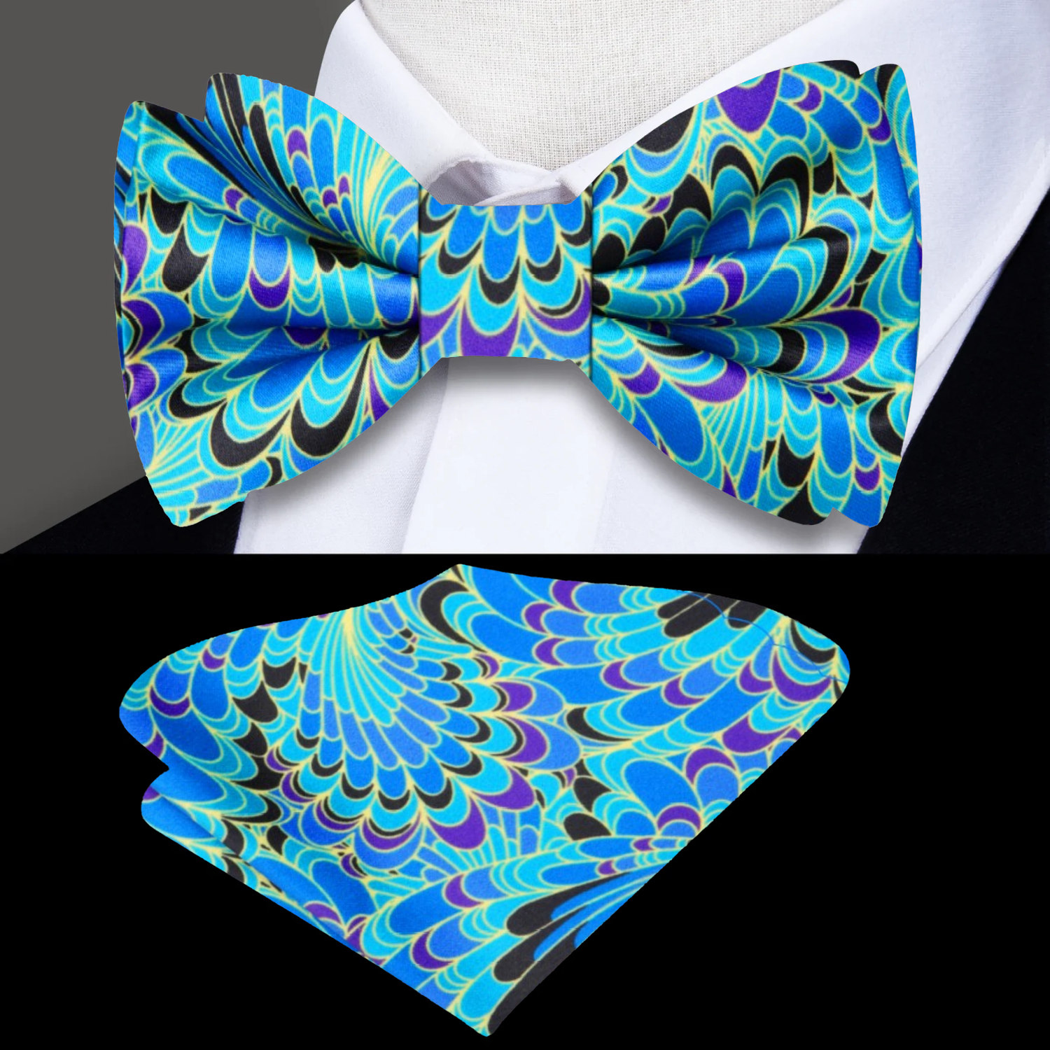 Blue, Black, Purple, Yellow Peacock Bow Tie and matching Square