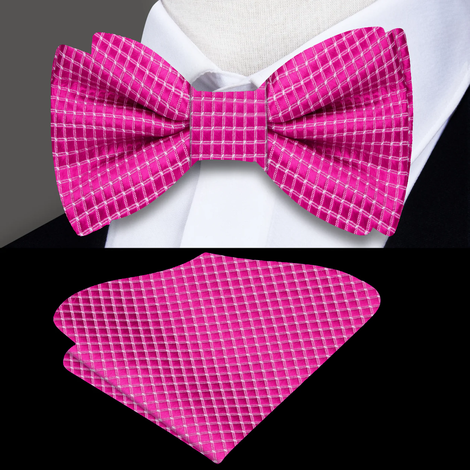 Main View: Pink with White Geometric Texture Bow Tie and Pocket Square
